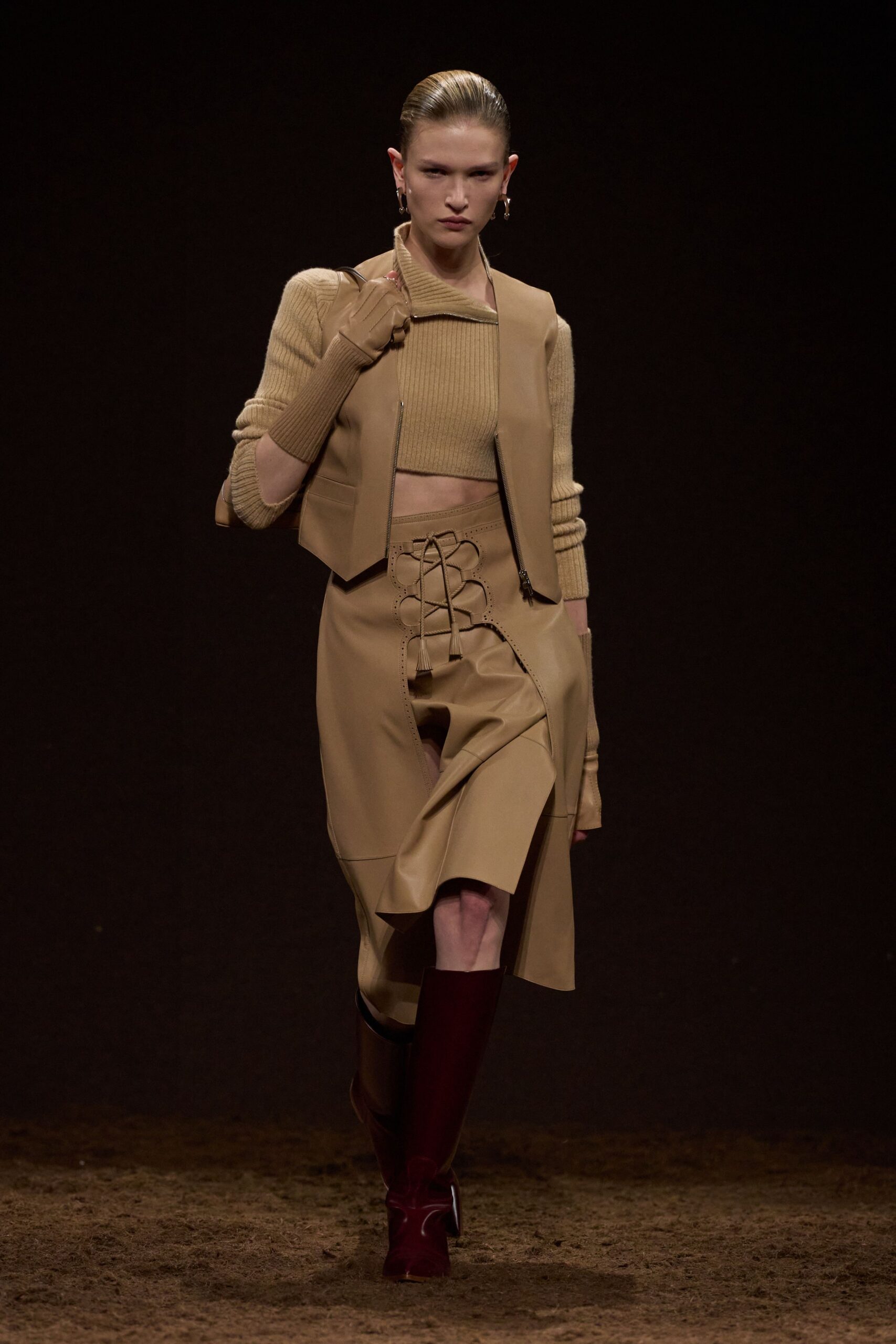 beige wool vest with leather skirt