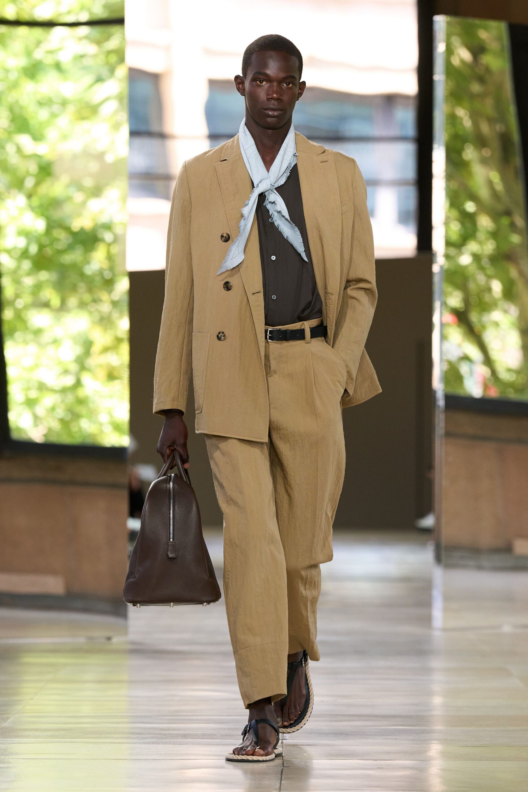 beige tailored suit with scarf