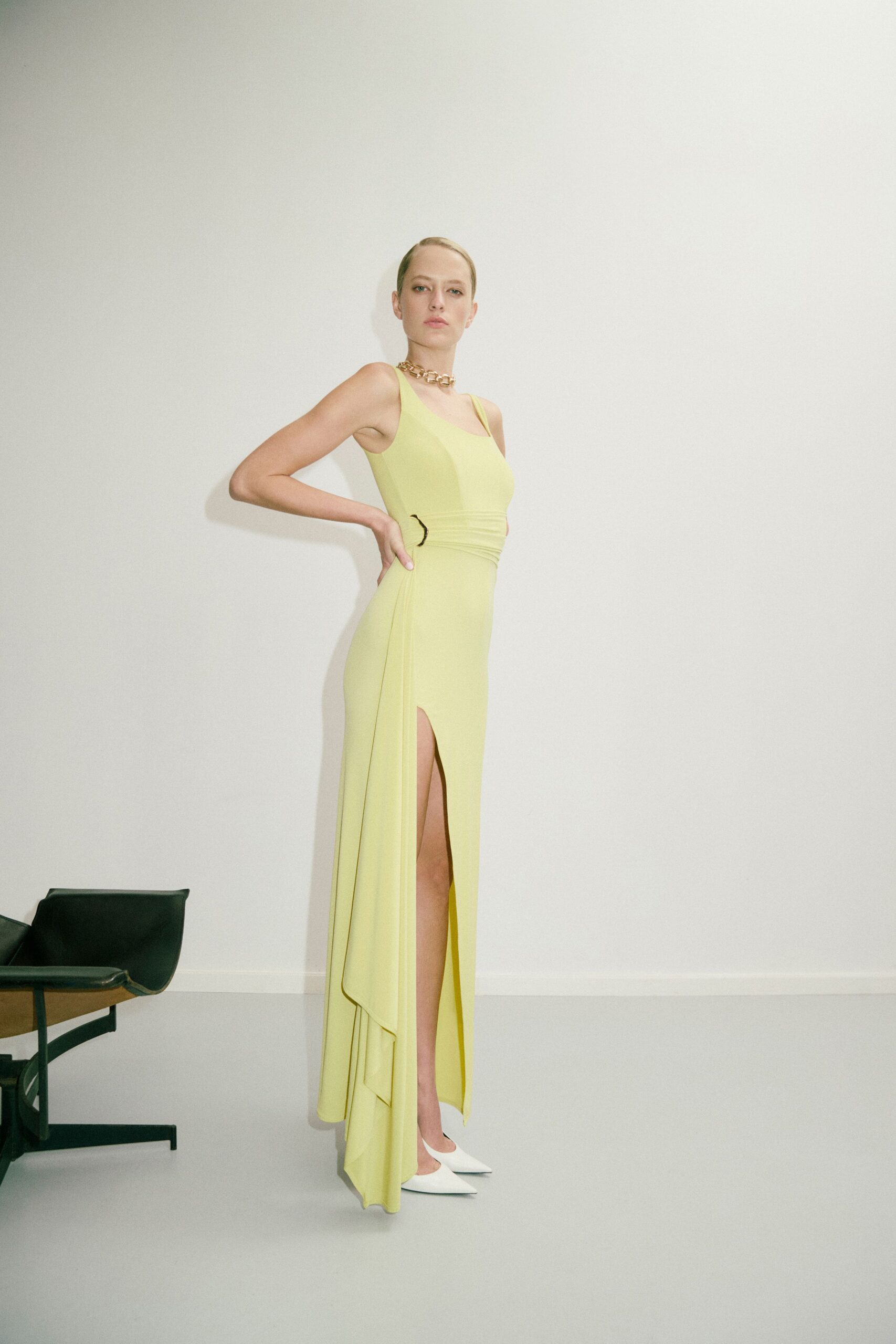 fitted yellow maxi gown with slit