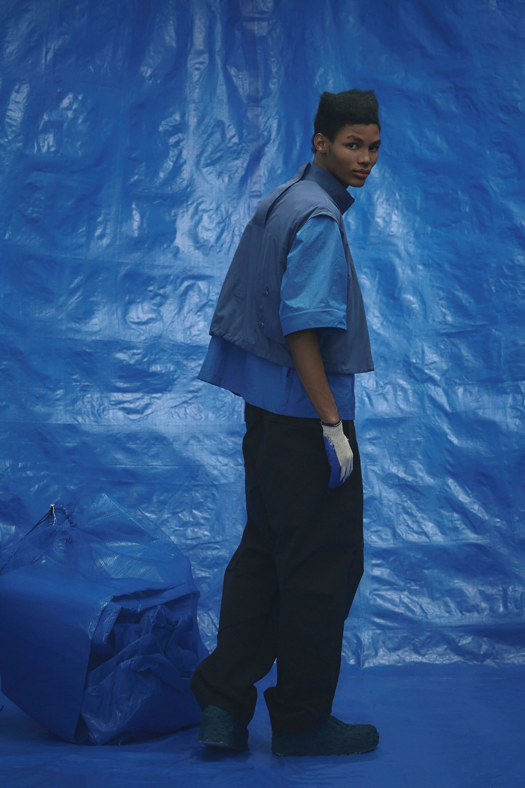 blue relaxed jacket with fitted shirt