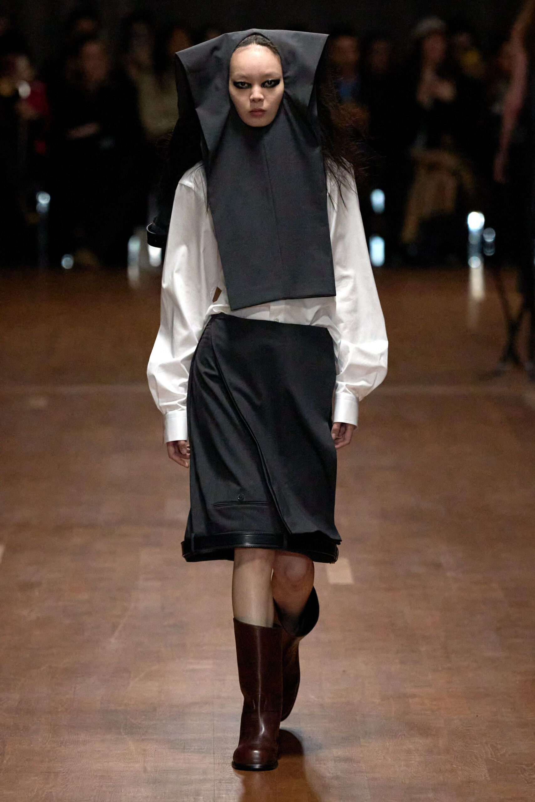 white shirt black asymmetric skirt
