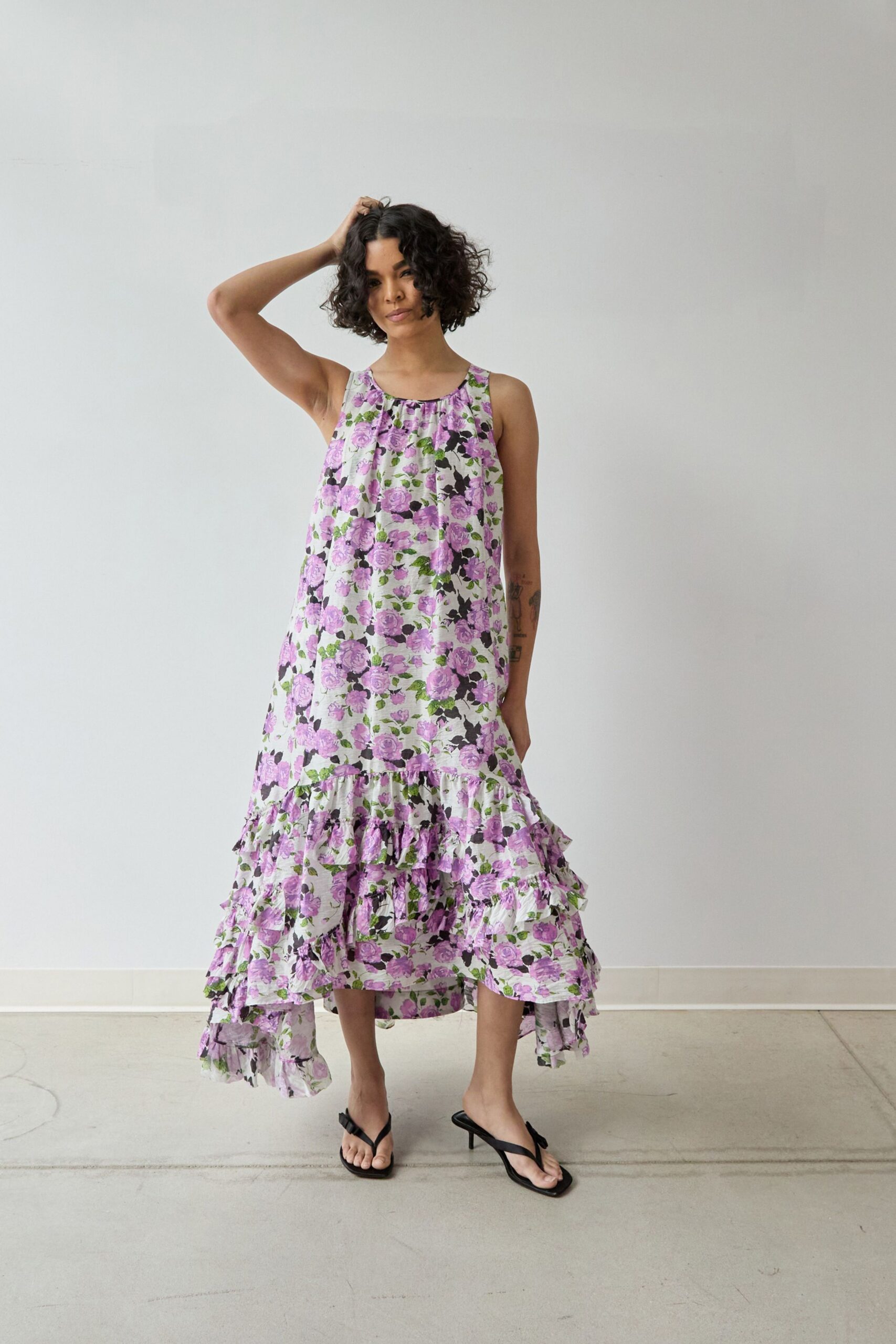 purple floral midi dress with sandals