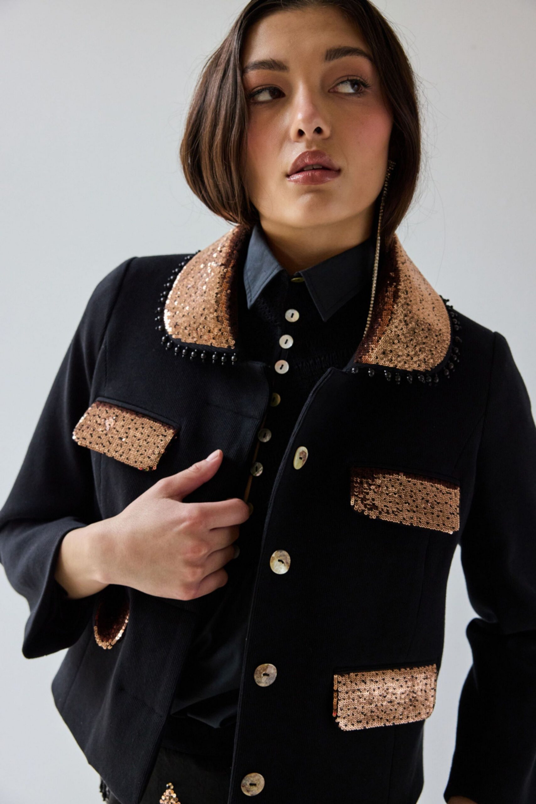 black structured jacket with sequins