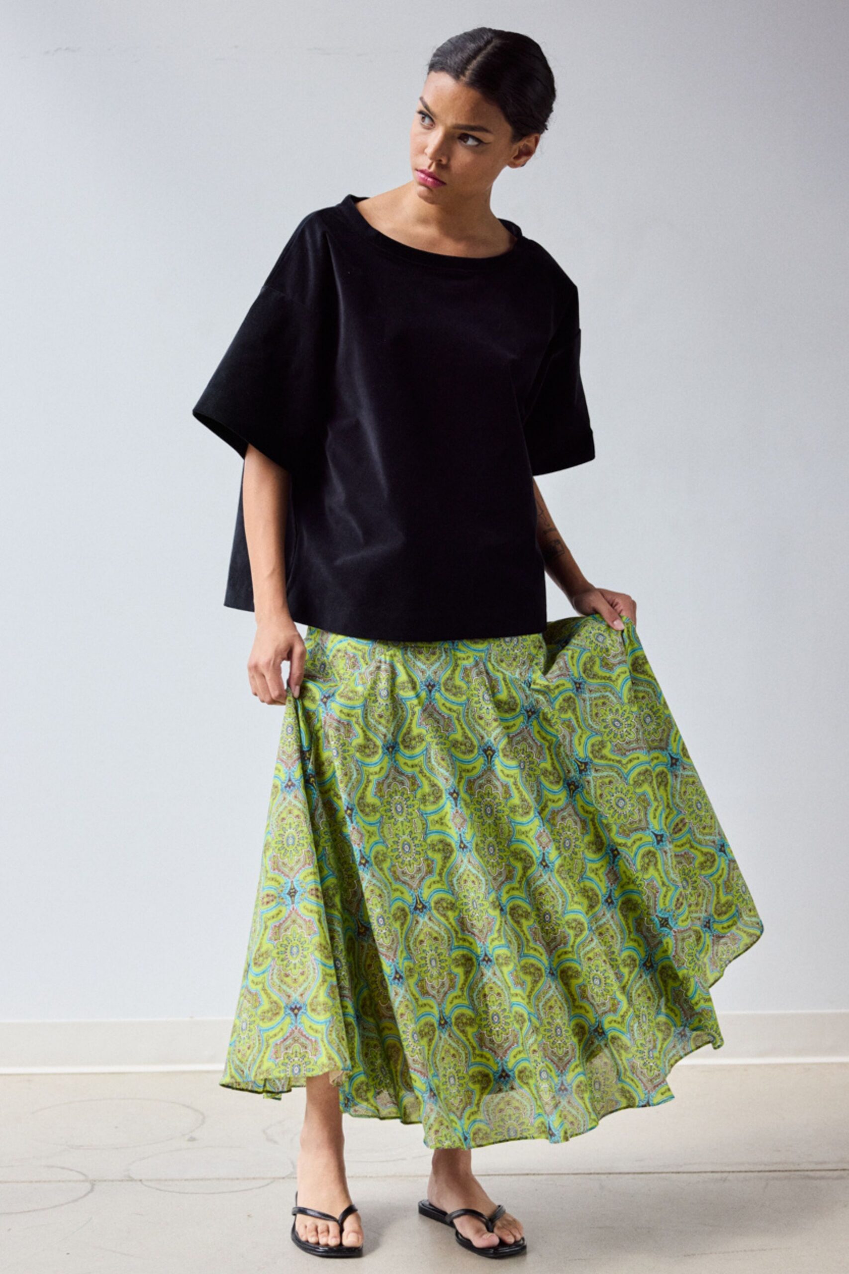 green chiffon fitted flared printed flowing maxi skirt