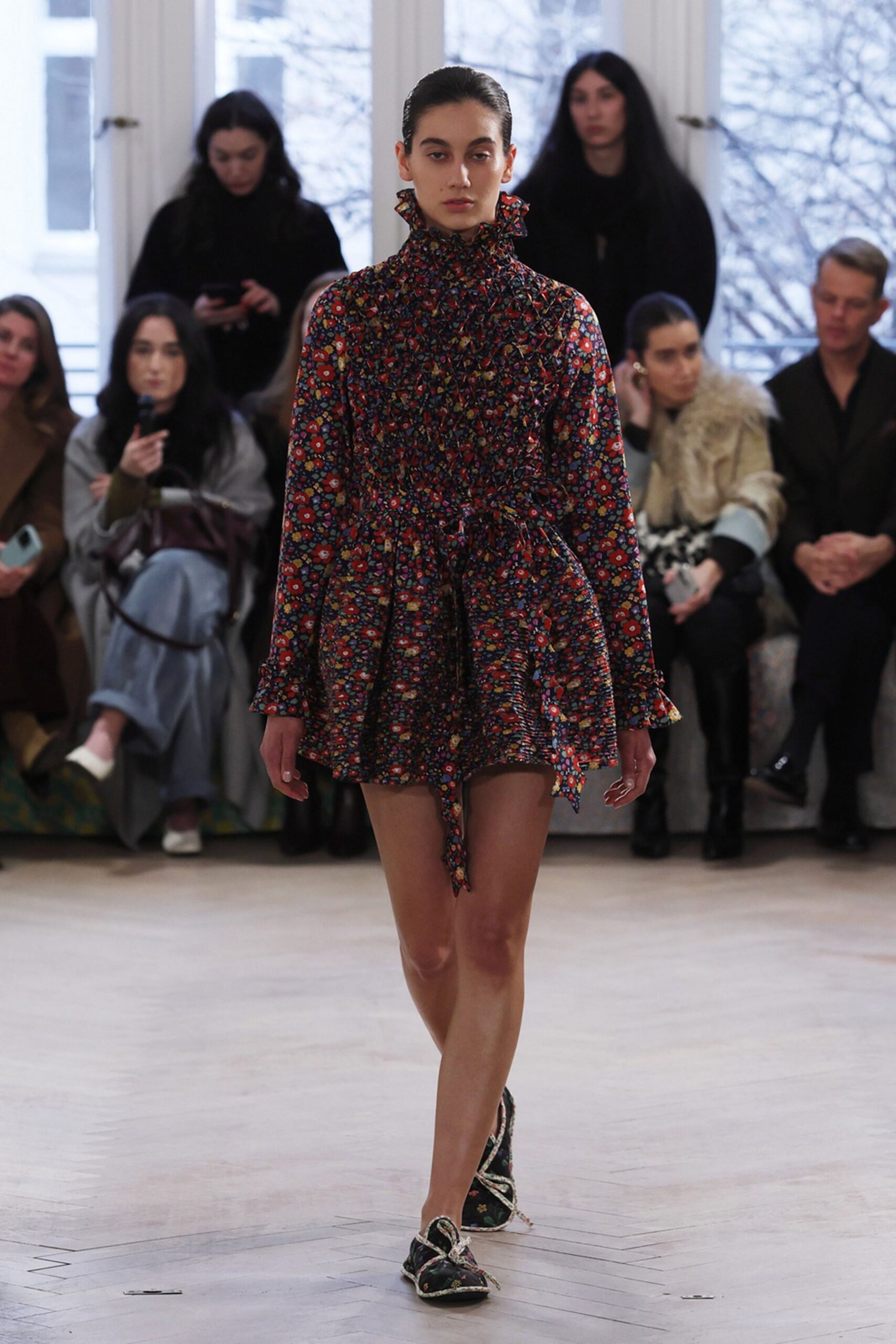 multi cotton long-sleeve high-neck fitted ruffled flared dress