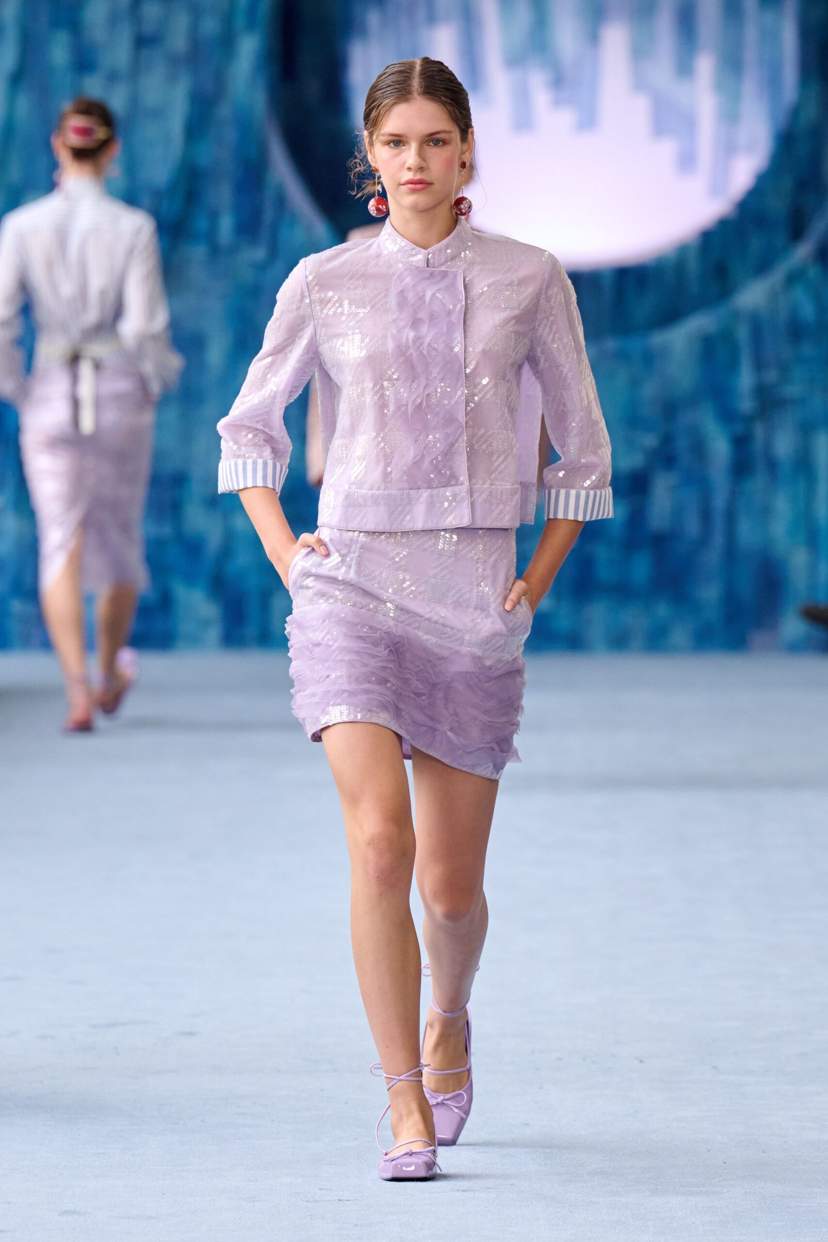 purple silk long-sleeve collared fitted pleated embellished blouse