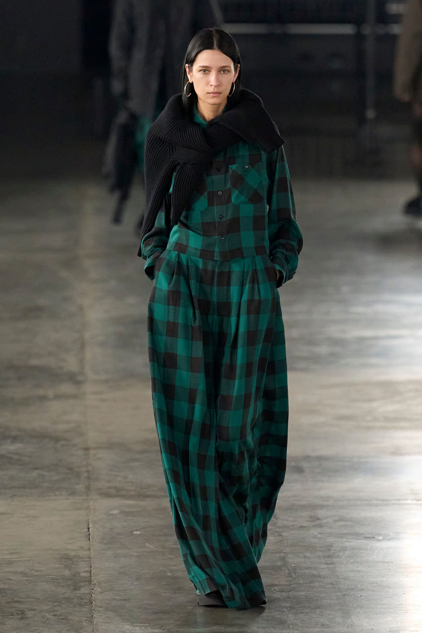 green cotton long-sleeve collared relaxed checked jumpsuit