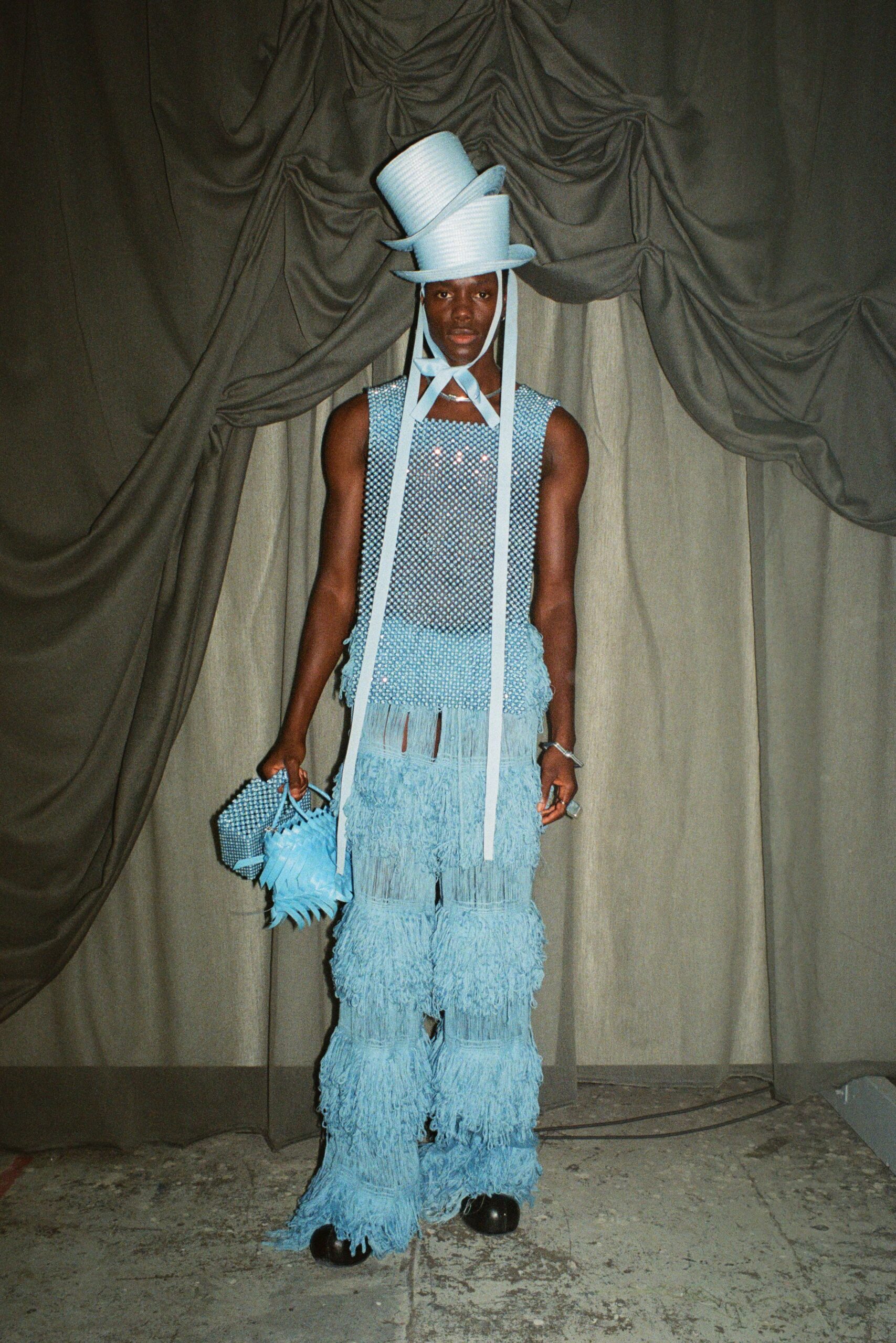 blue mesh sleeveless fitted fringed top