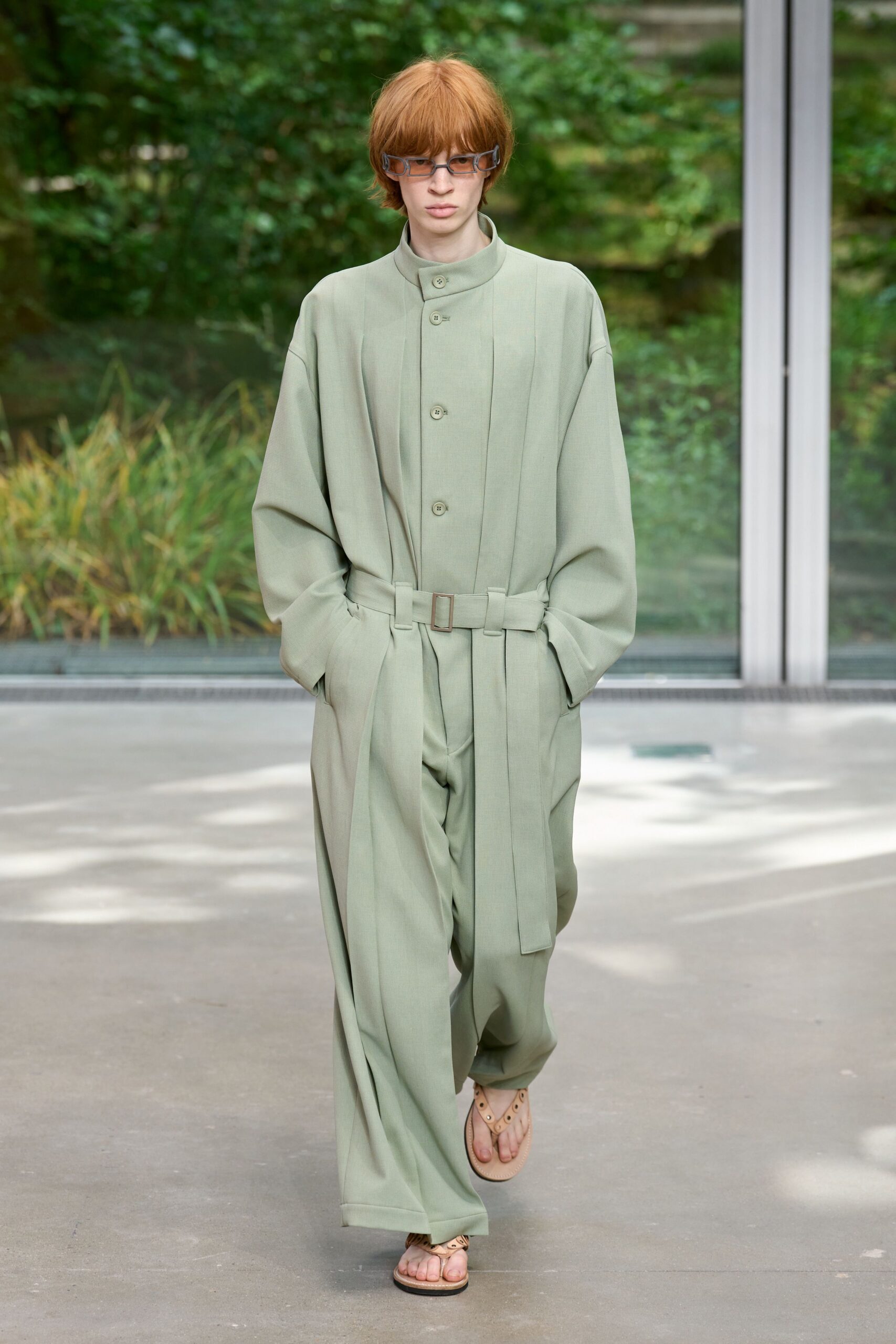 green relaxed jumpsuit with sandals