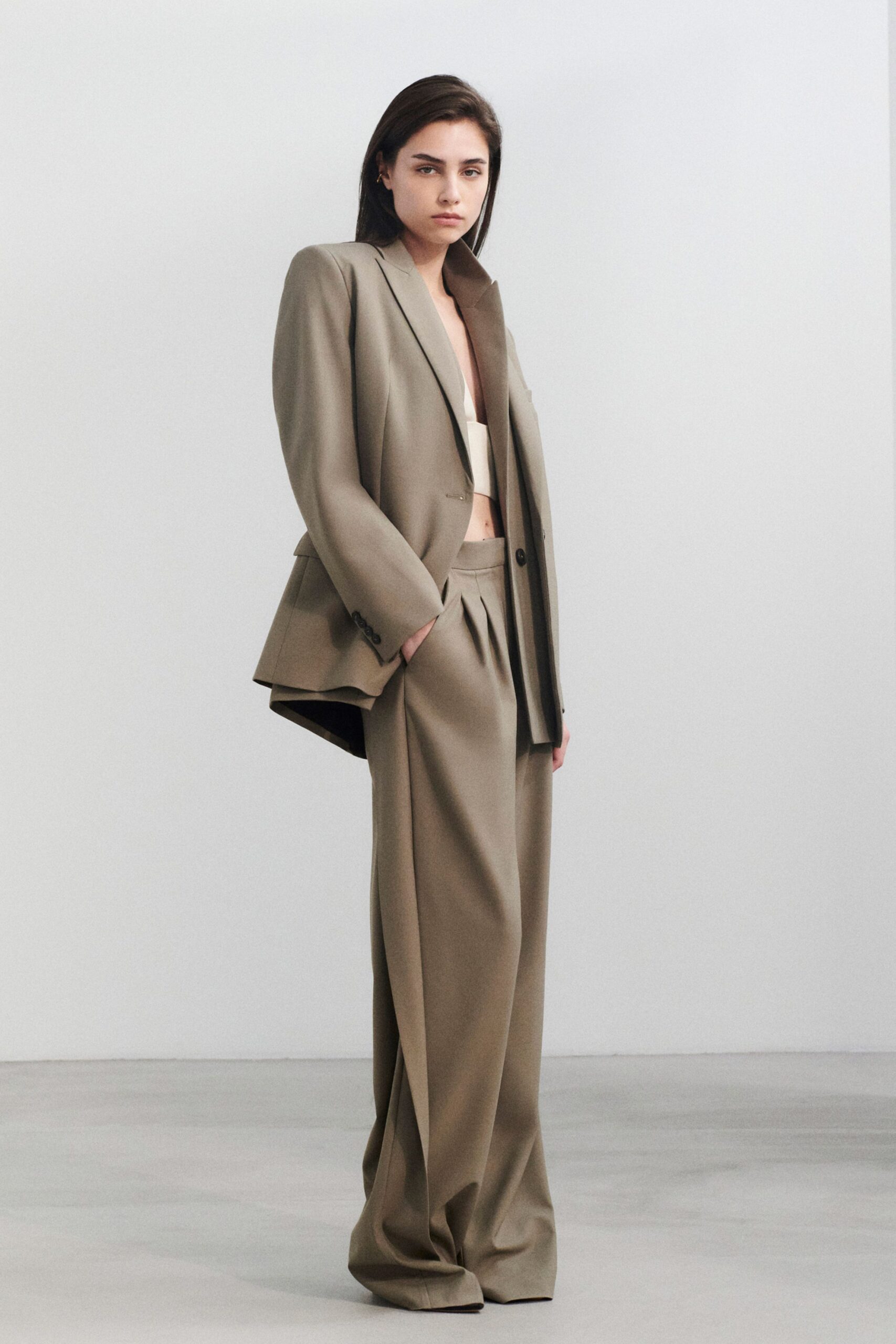 beige wool long-sleeve collared tailored pleated suit