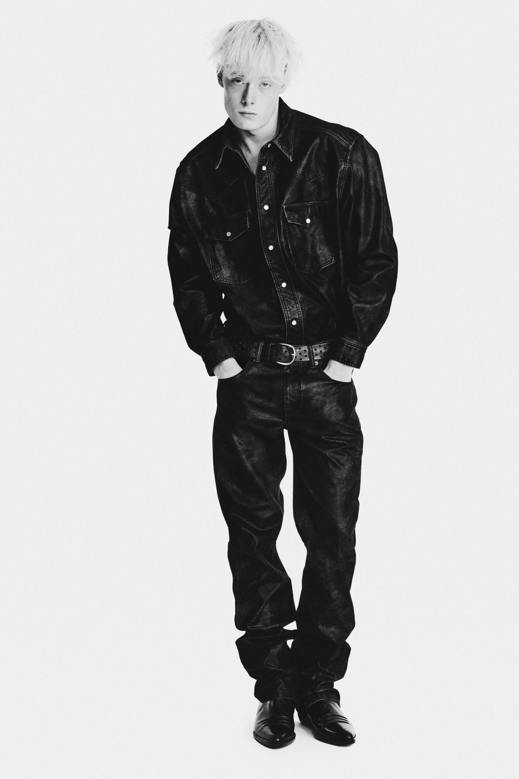 black denim shirt and pants