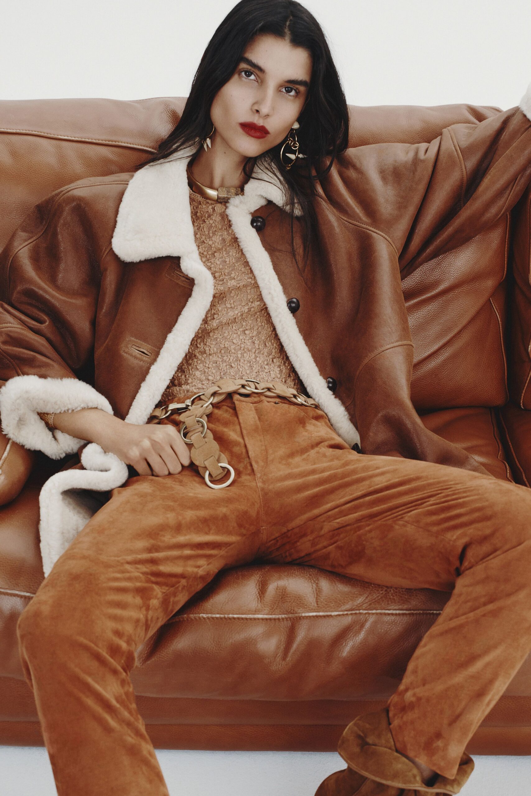 beige wool long-sleeve collared fitted textured top