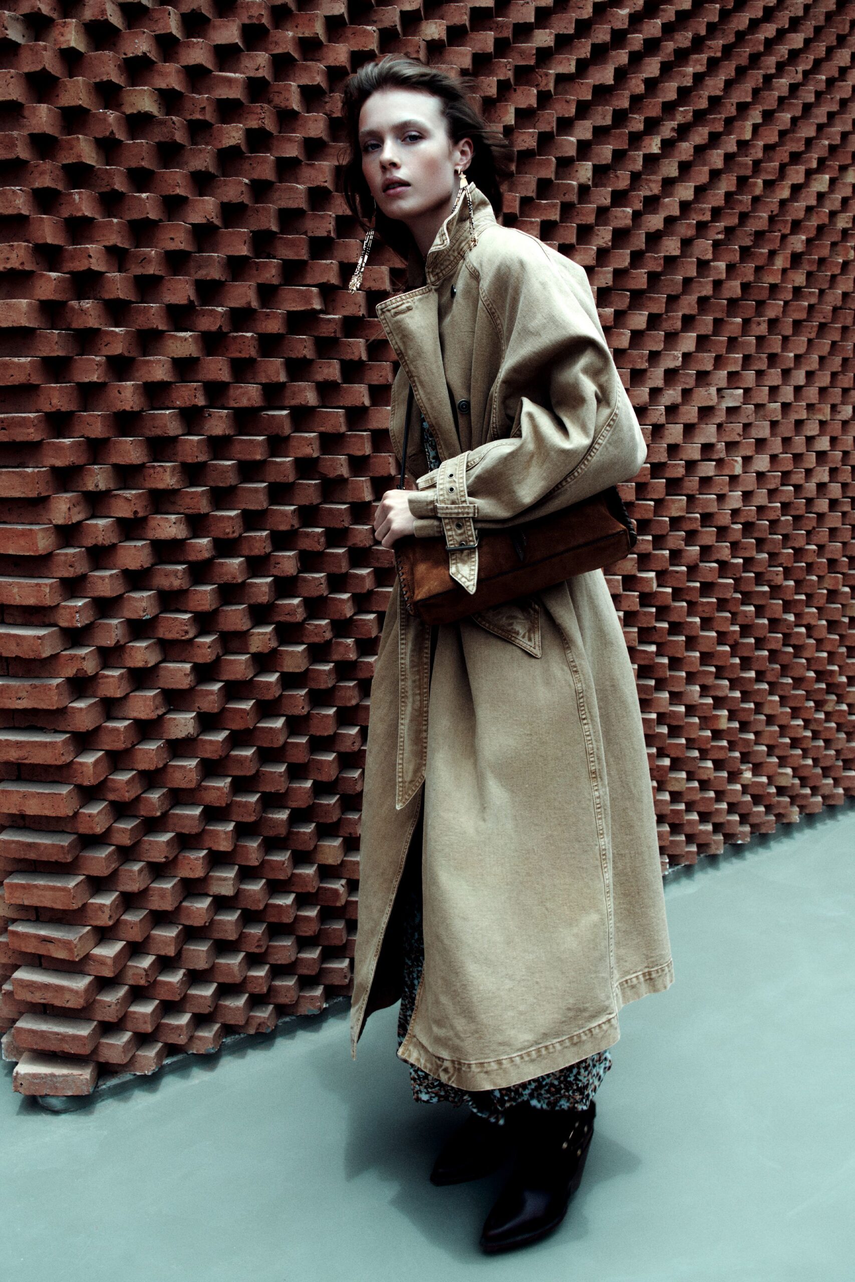 beige denim long-sleeve collared relaxed buttoned trench