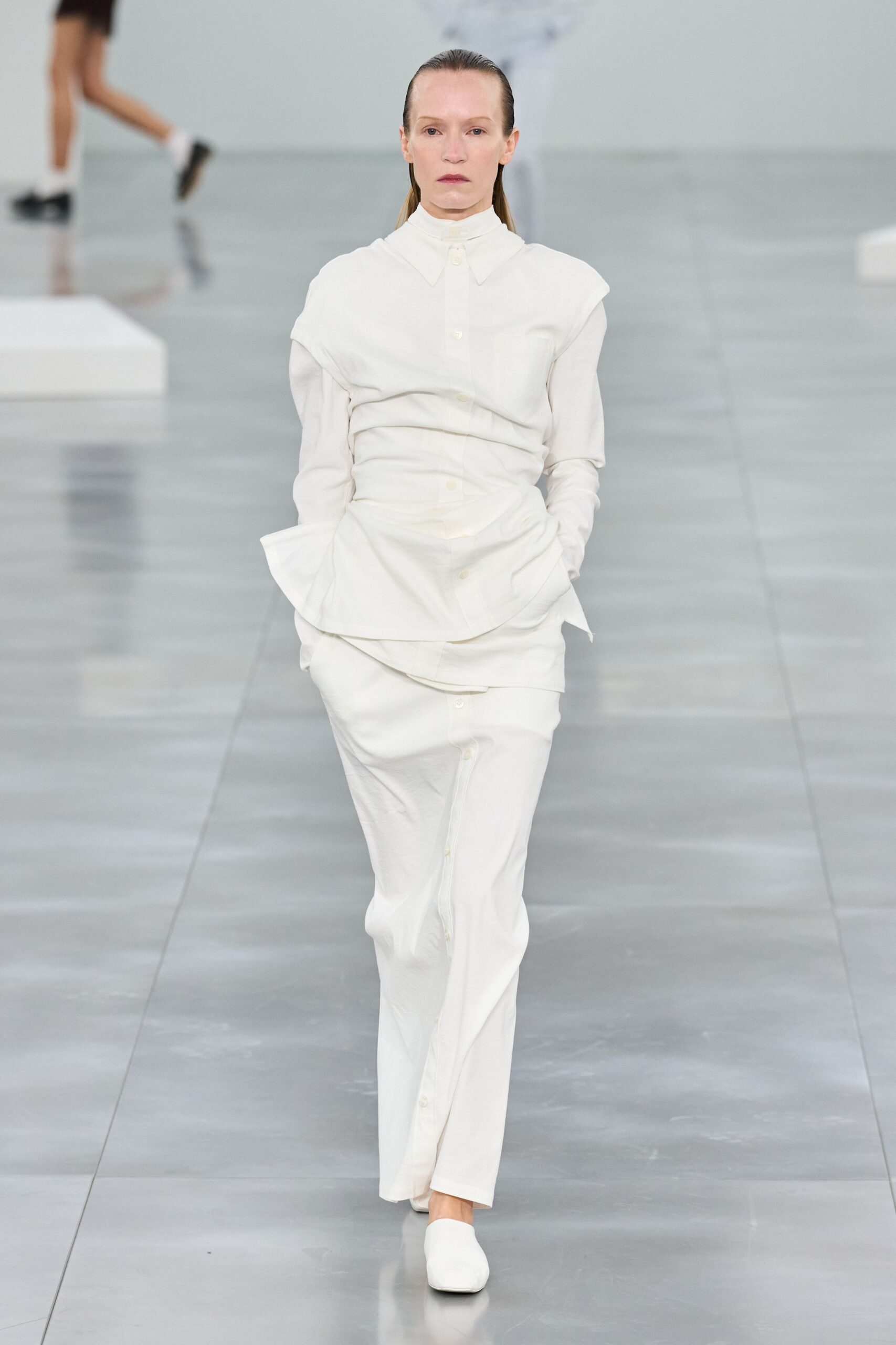 white cotton long-sleeve collared fitted pleated midi shirt-dress