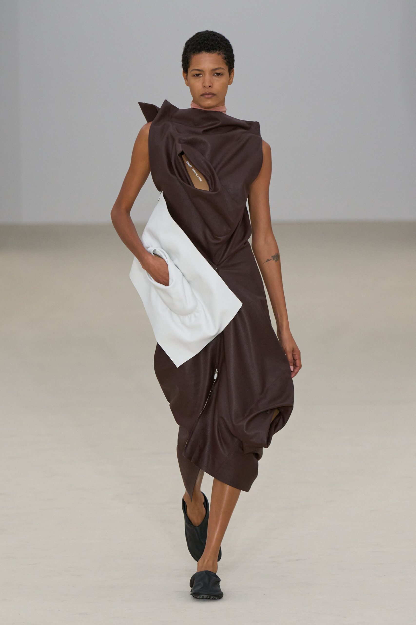brown leather sleeveless asymmetric fitted draped zippered dress