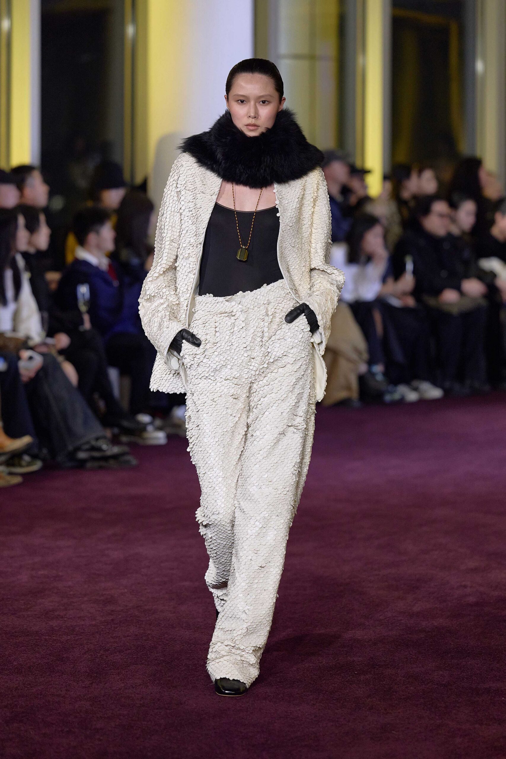 white tweed jacket with black top