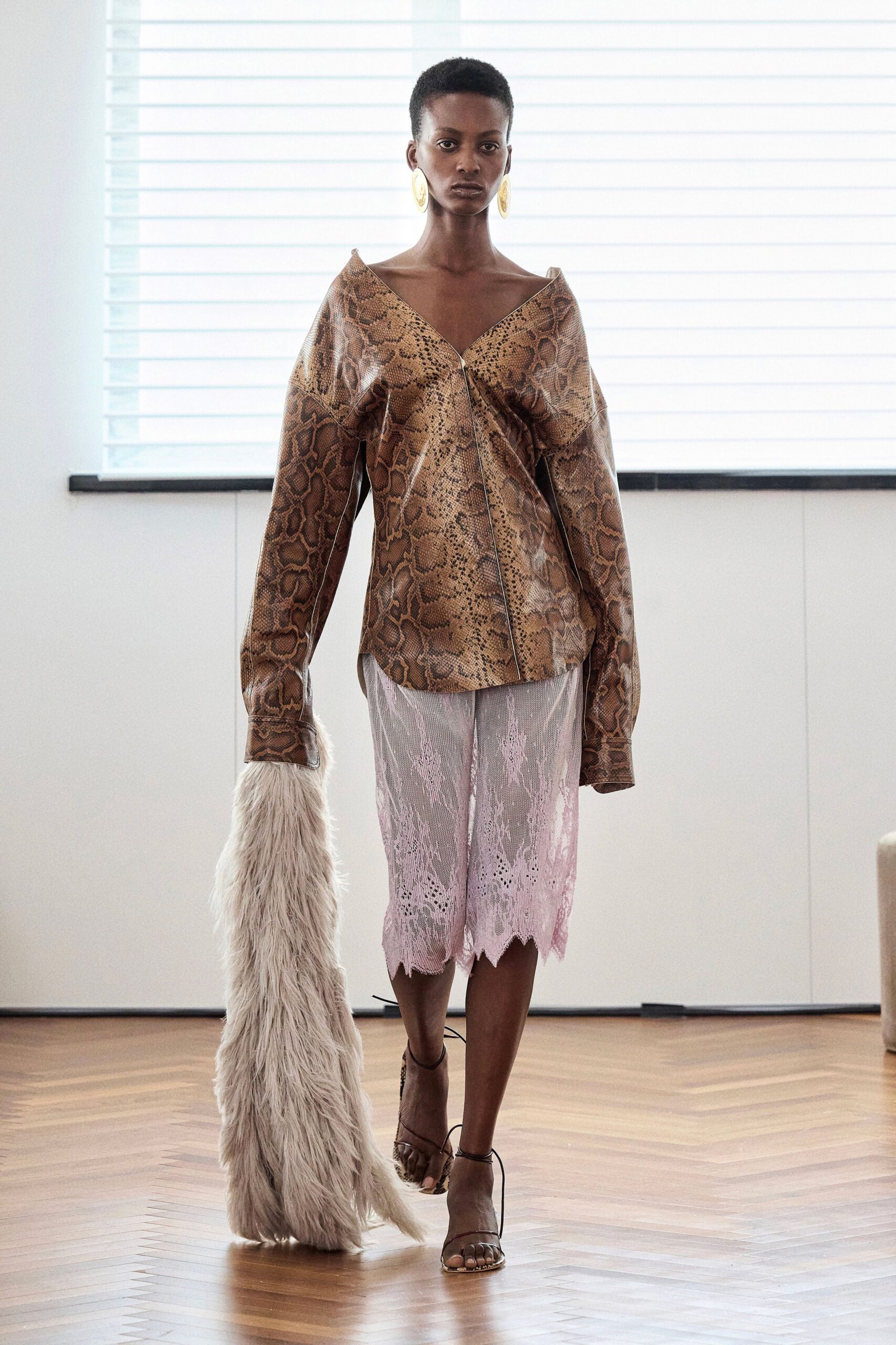 brown silk long-sleeve off-shoulder relaxed animal-print top