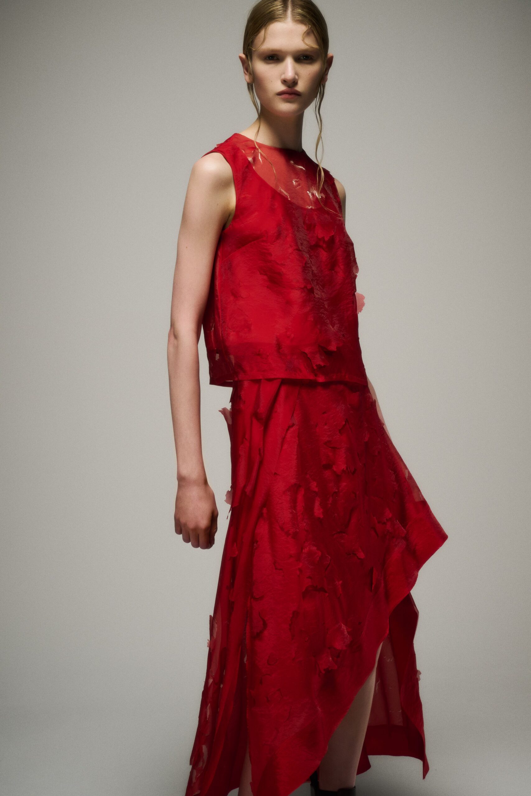 red silk sleeveless dress