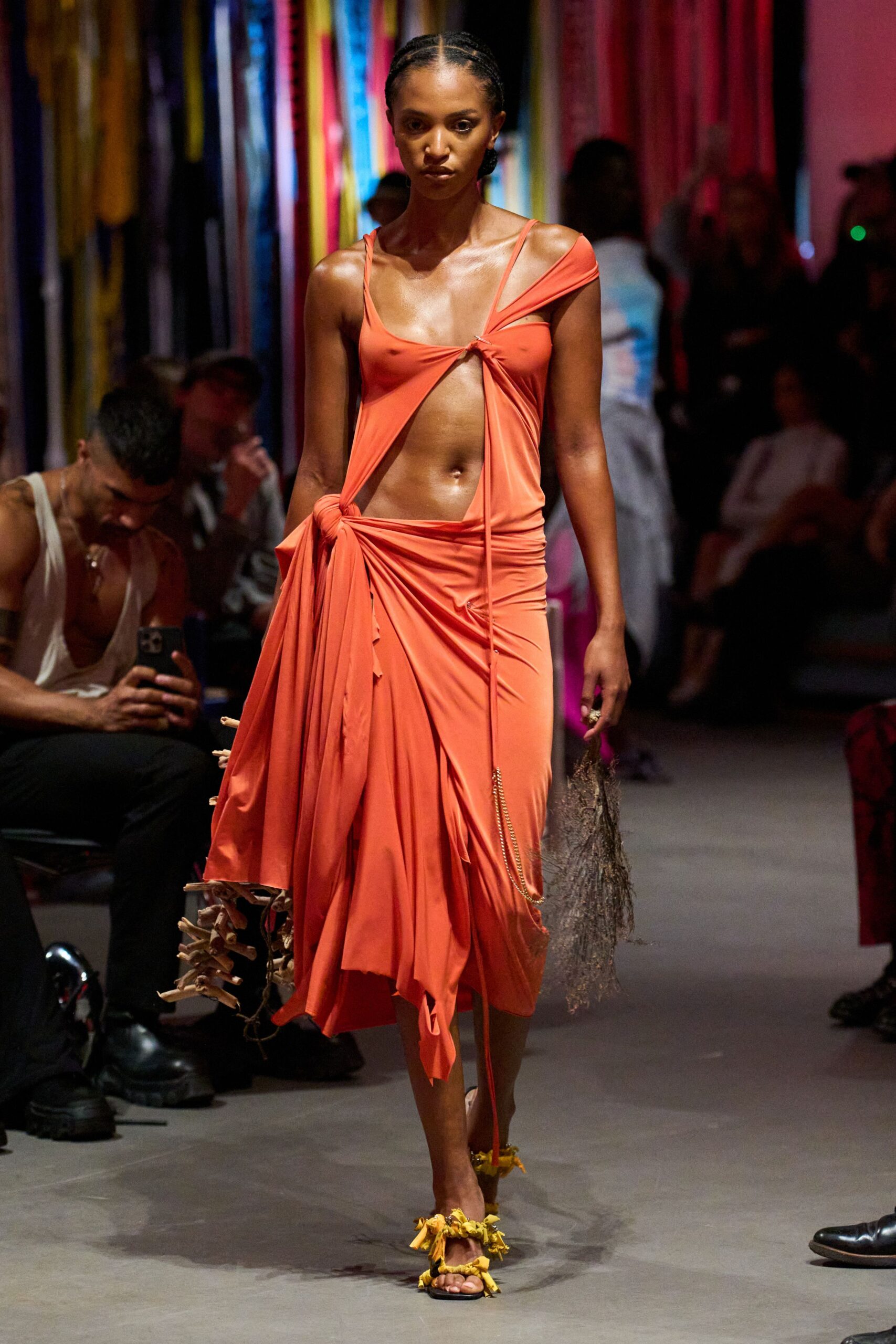 orange silk fitted dress