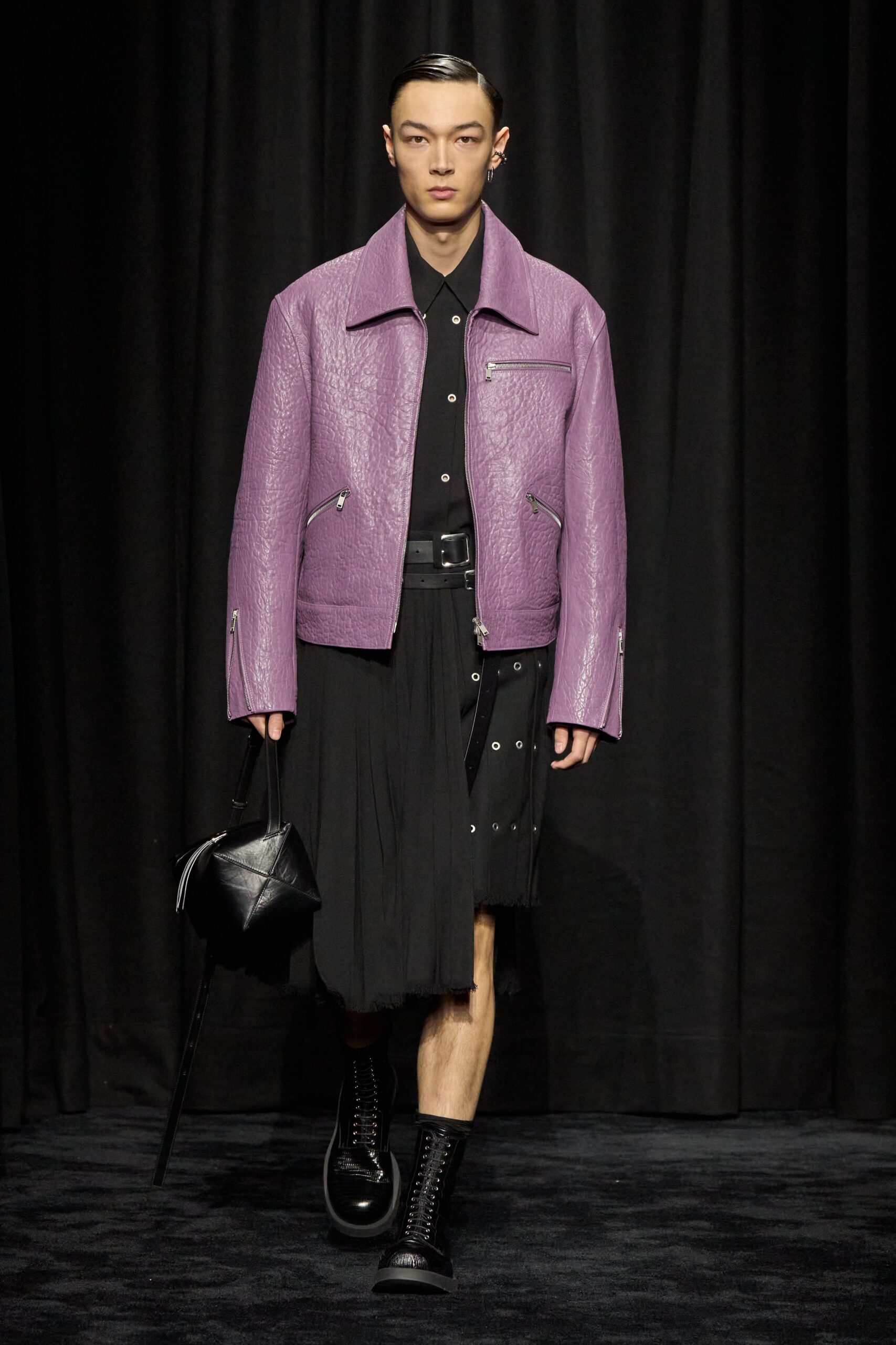 purple leather jacket with black shirt