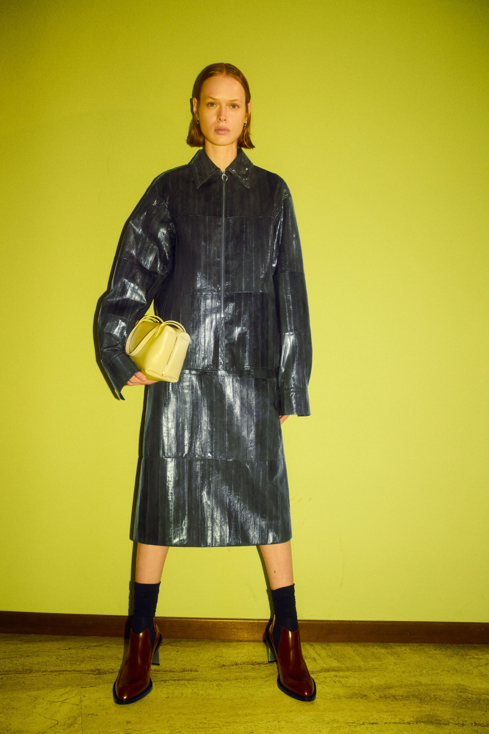 blue leather long-sleeve collared oversized zippered pleated jacket