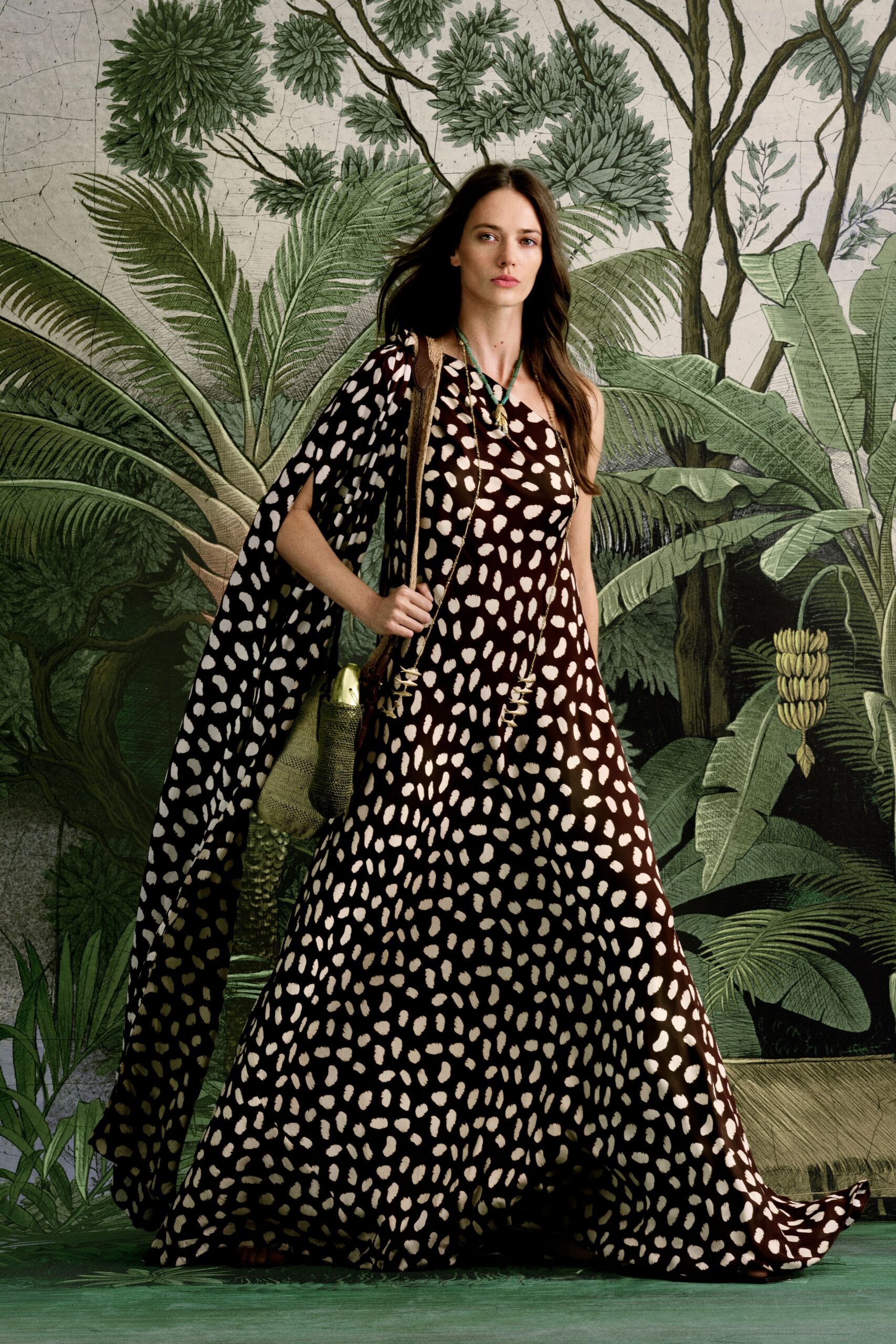 brown silk sleeveless high-neck fitted printed flowing gown