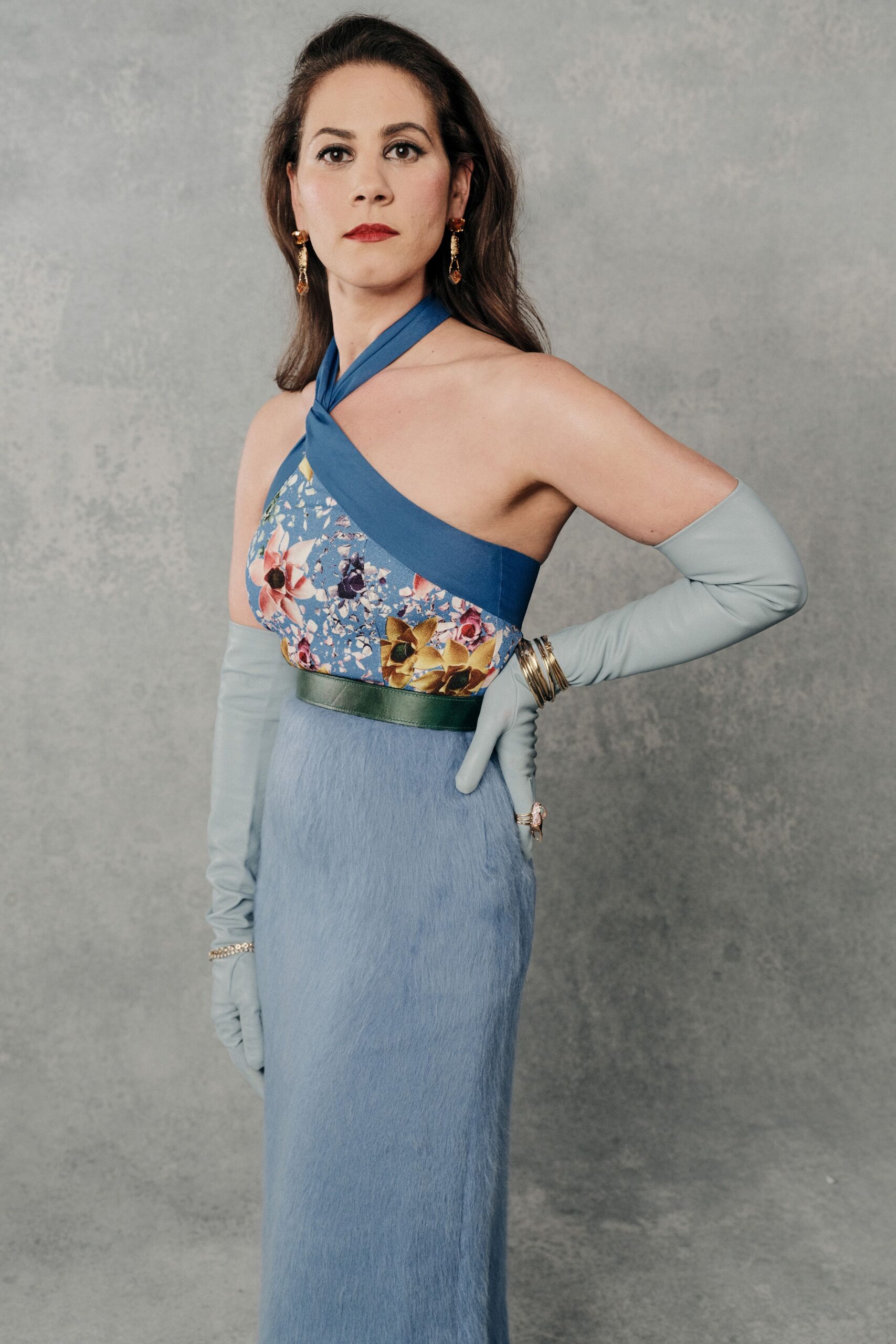 blue floral gown with gloves
