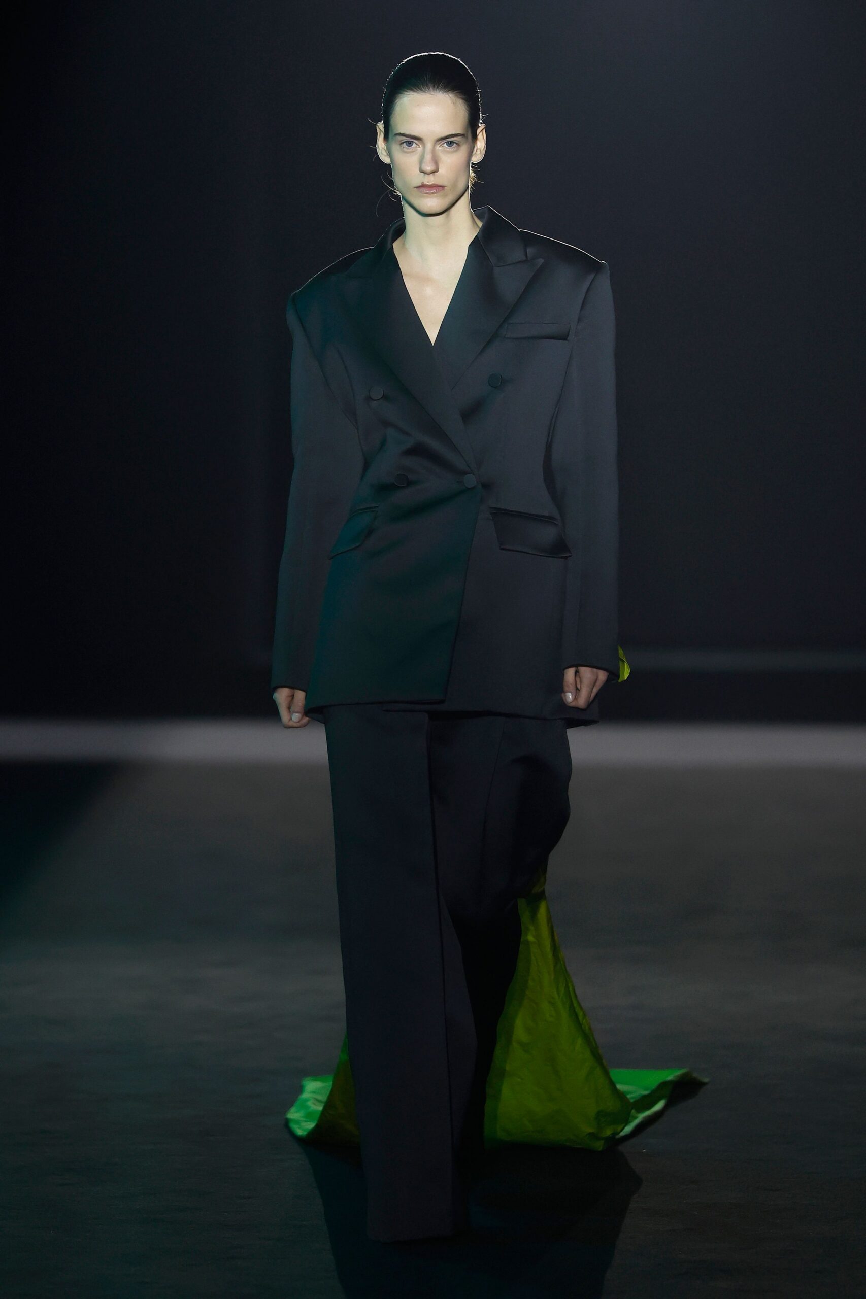 green silk fitted layered flowing maxi gown