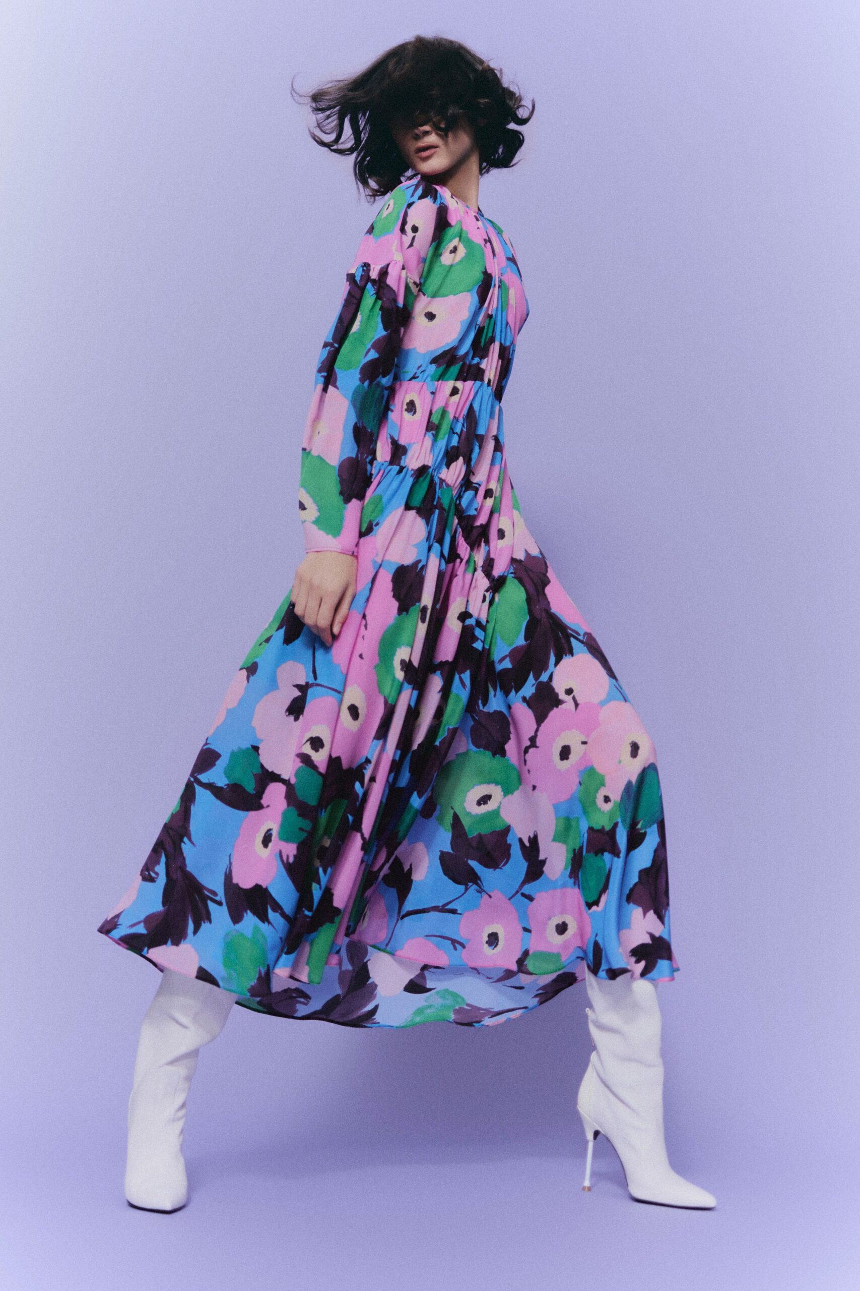 purple silk long-sleeve v-neck fitted floral pleated dress