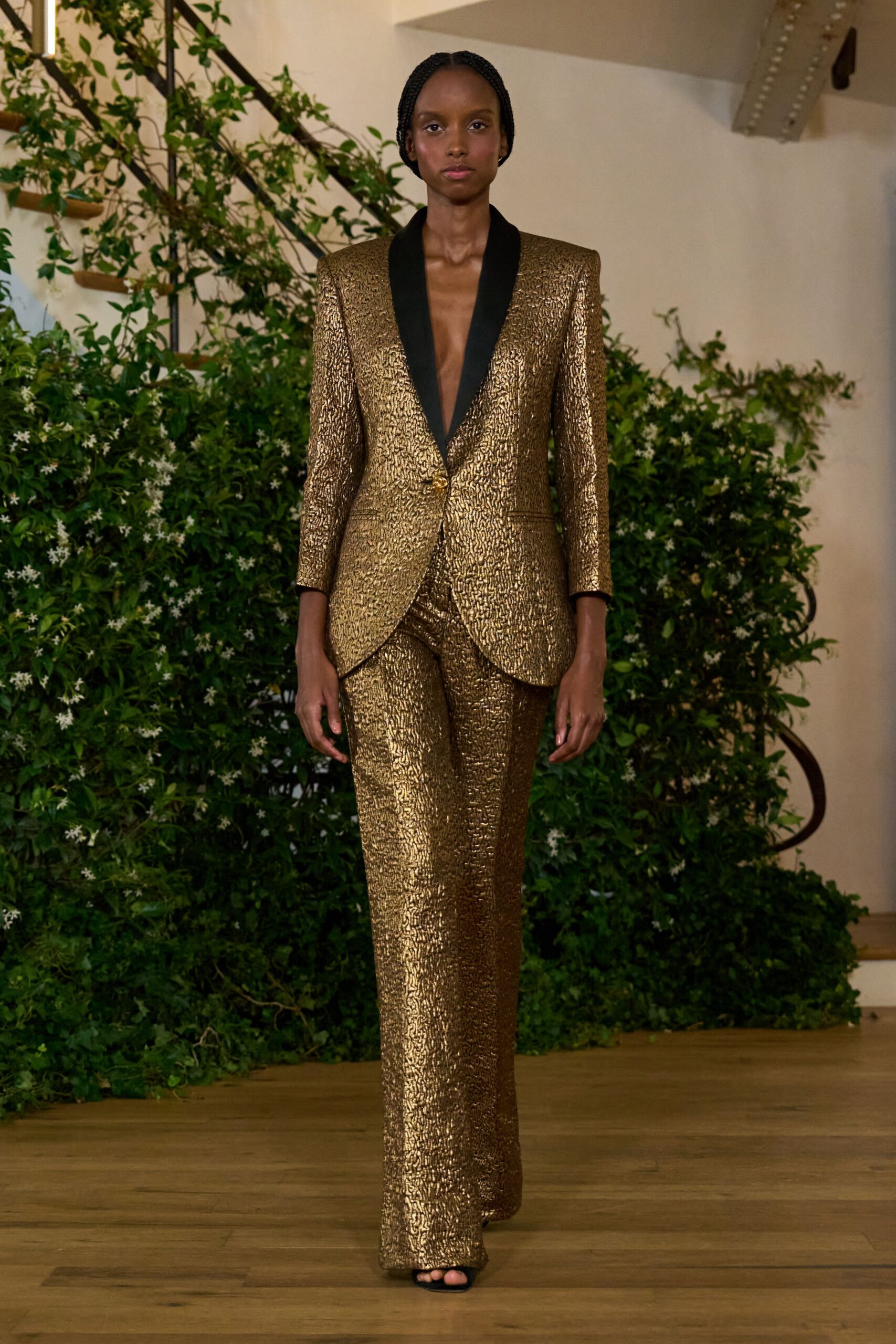 gold metallic long-sleeve v-neck tailored textured shiny suit
