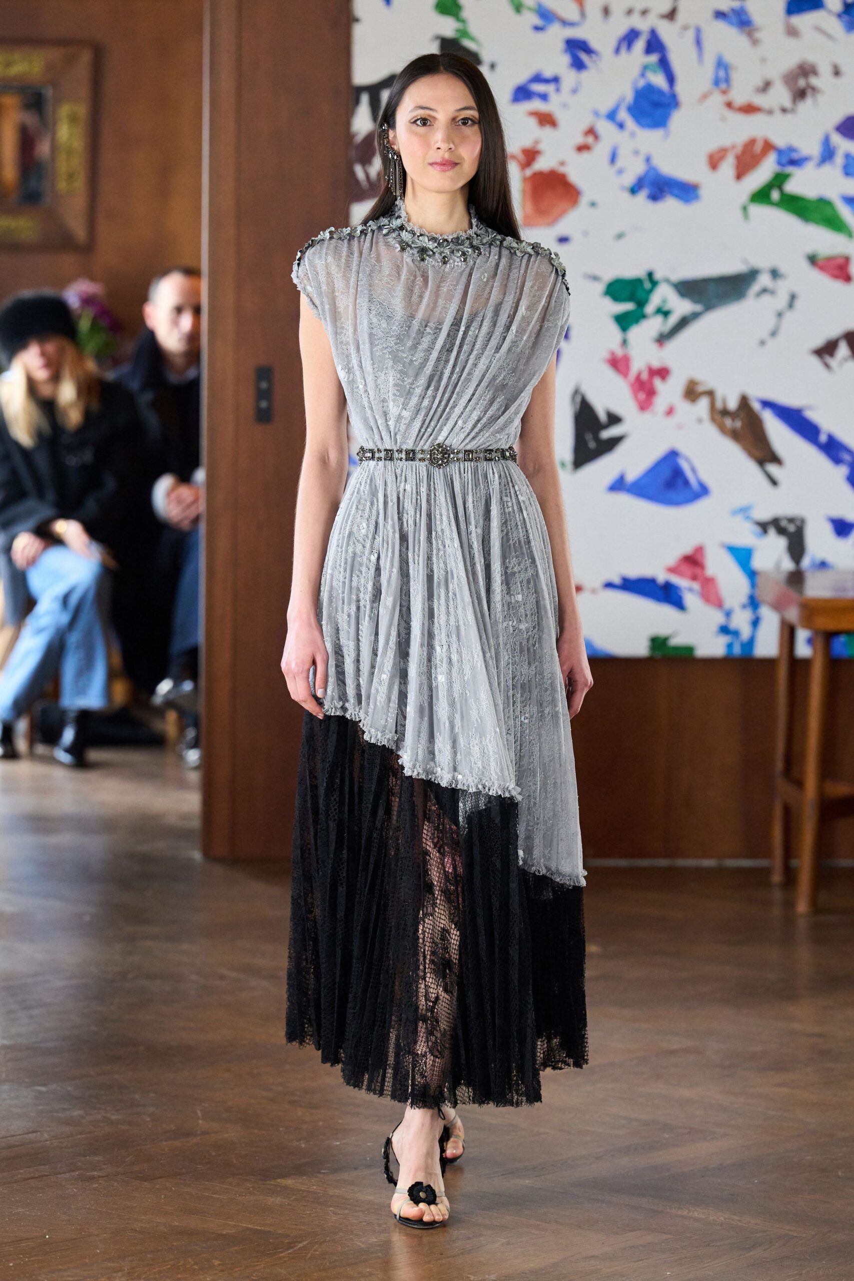 black silk sleeveless high-neck fitted draped tiered dress