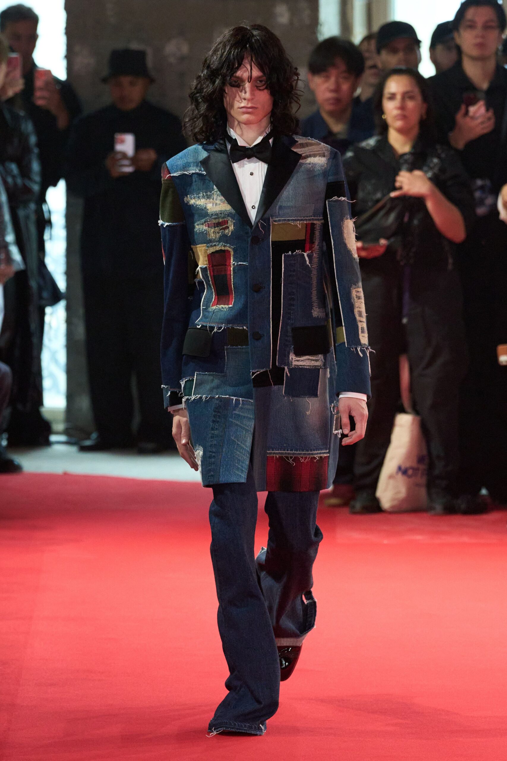 blue denim long-sleeve collared tailored patchwork blazer