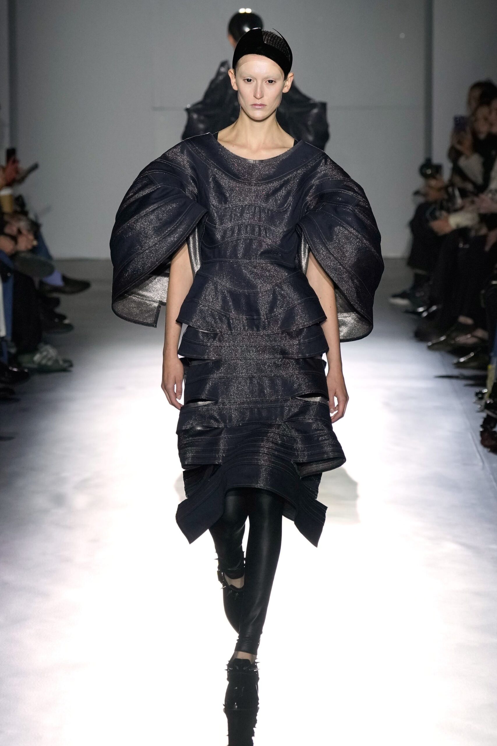 black silk sleeveless high-neck fitted ruffled layered dress