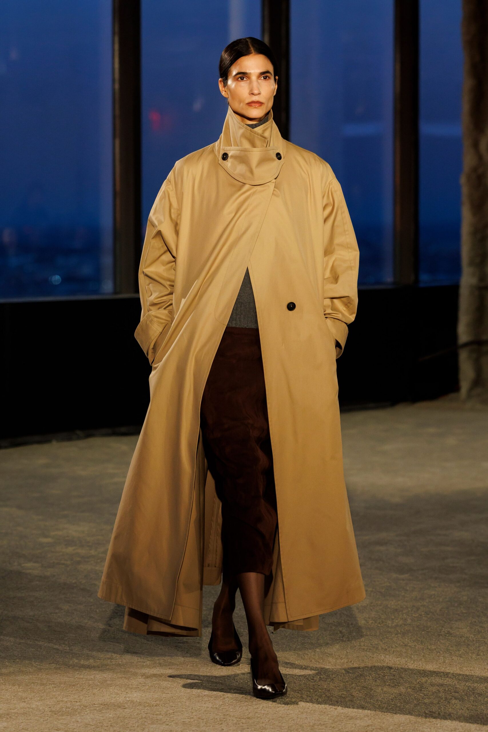 beige cotton long-sleeve collared relaxed buttoned maxi coat