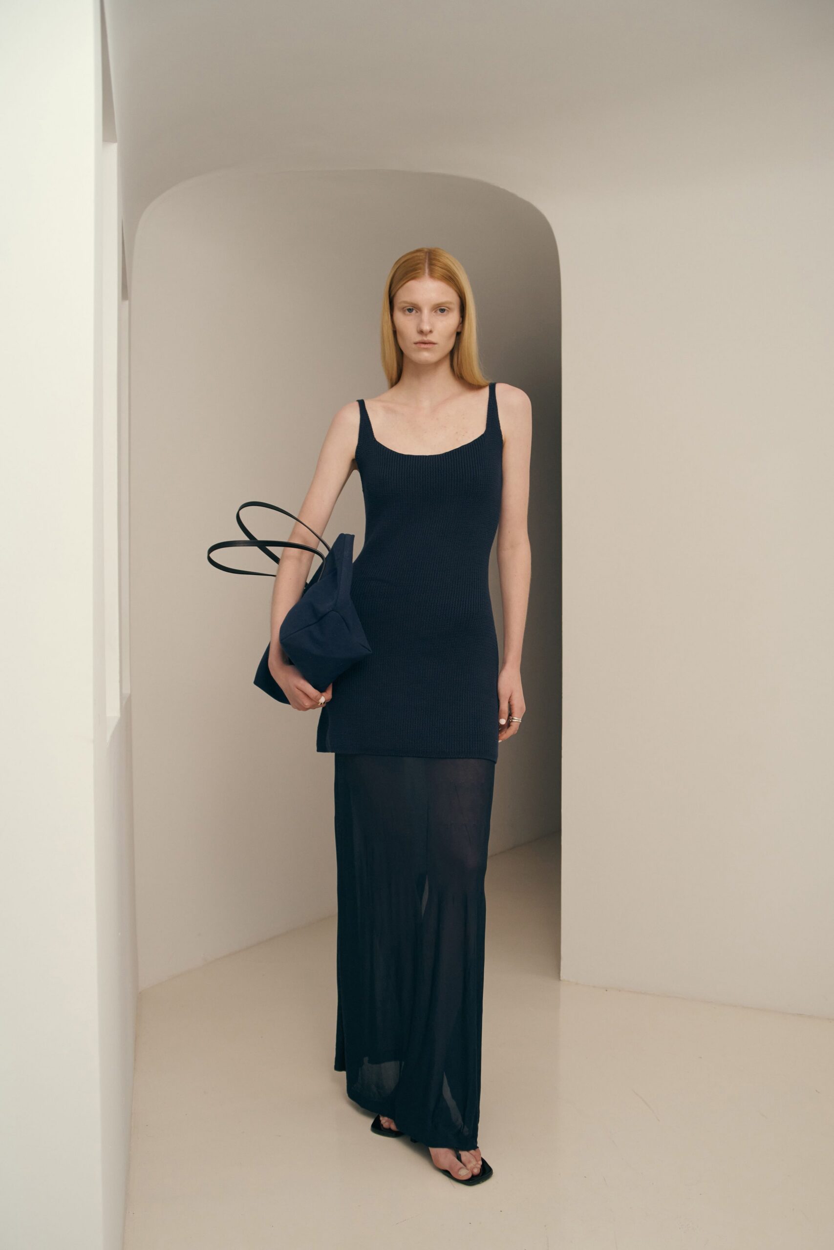 blue cotton sleeveless v-neck fitted layered sheer dress