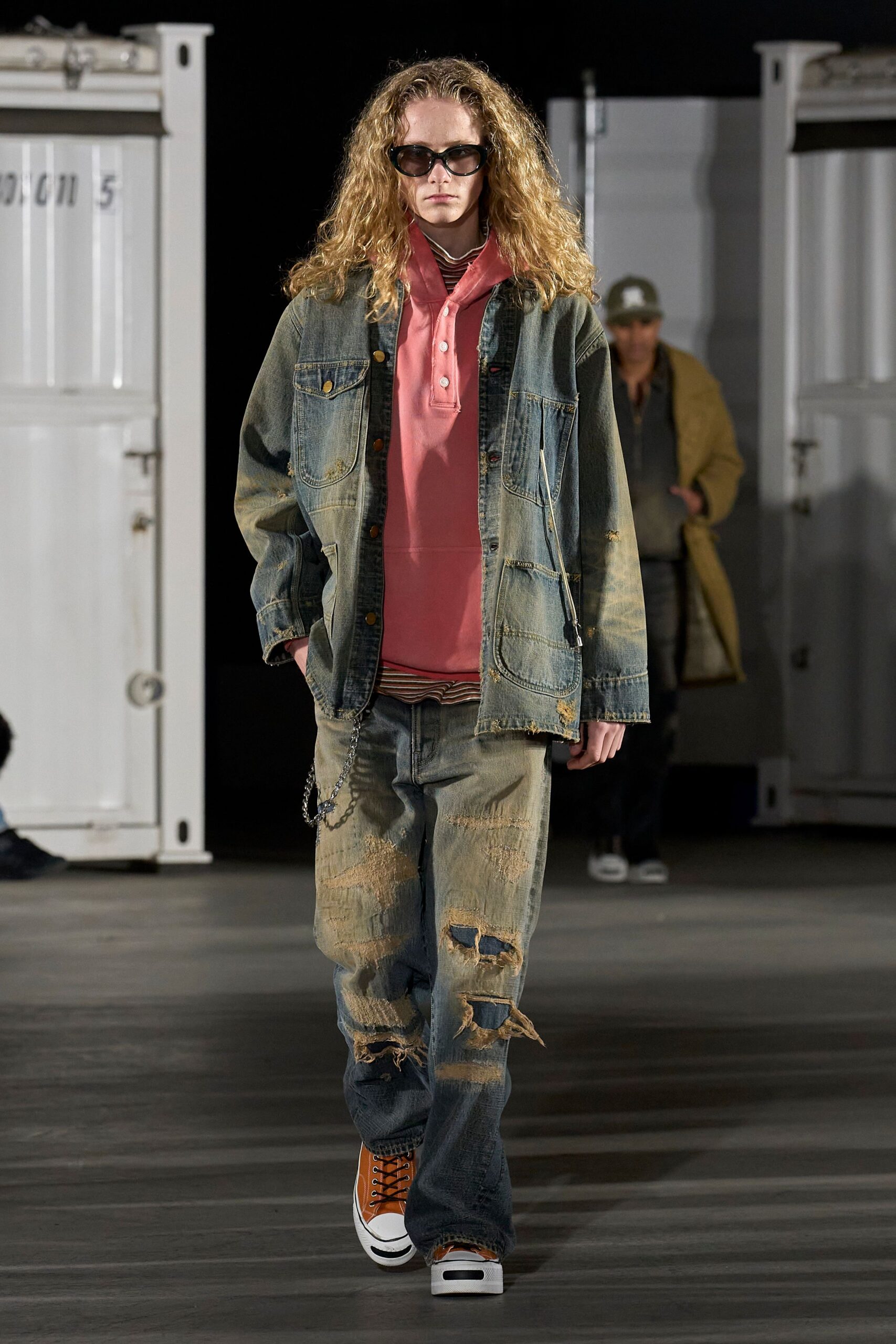 relaxed denim jacket with pink hoodie