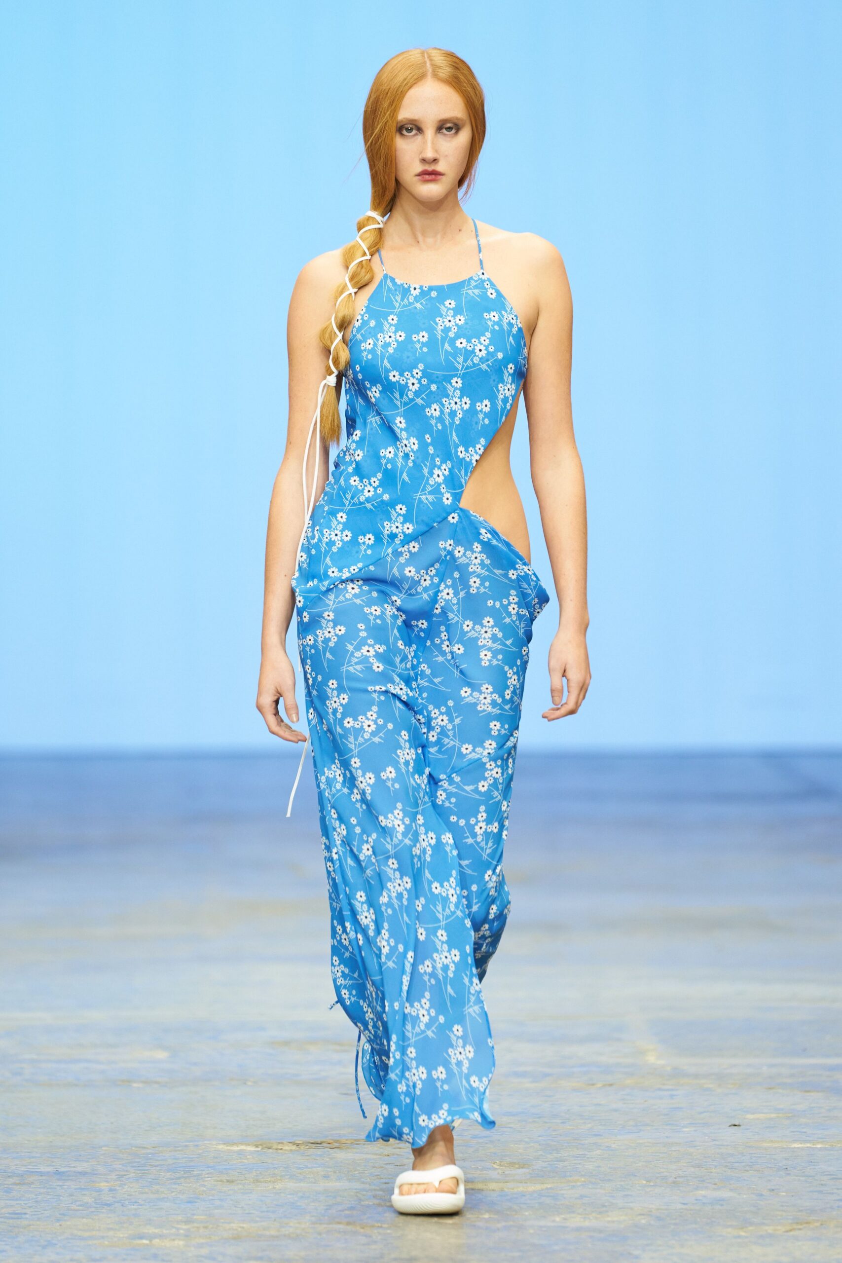 blue silk sleeveless halter fitted floral flowing dress