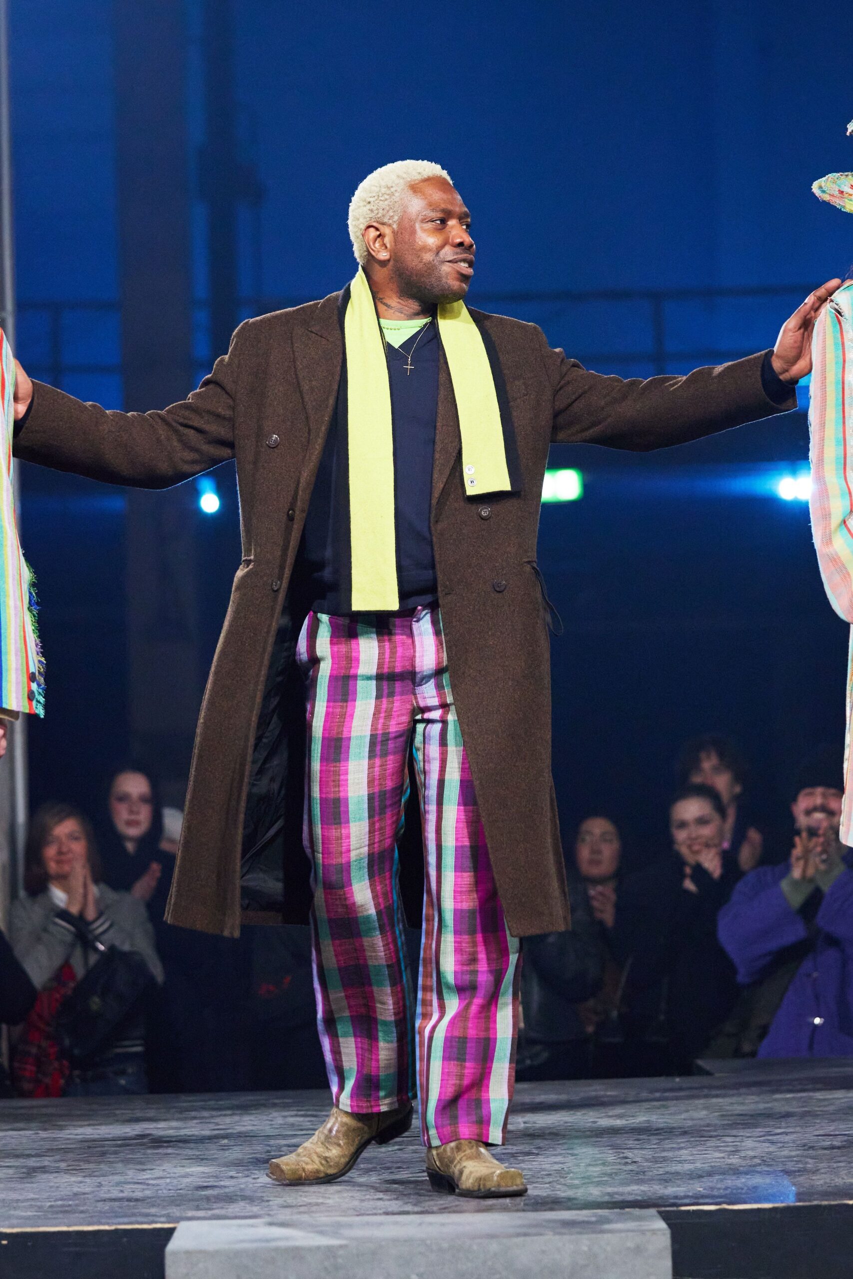 brown wool coat with checked pants