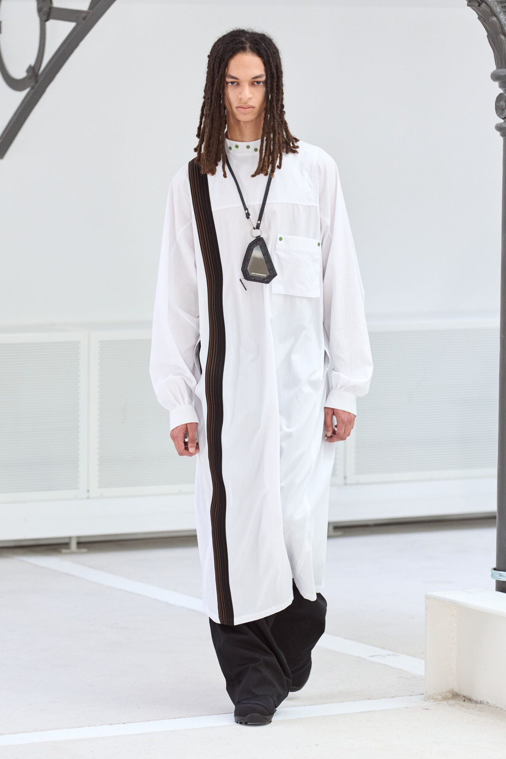 white cotton long-sleeve collared relaxed buttoned pockets dress