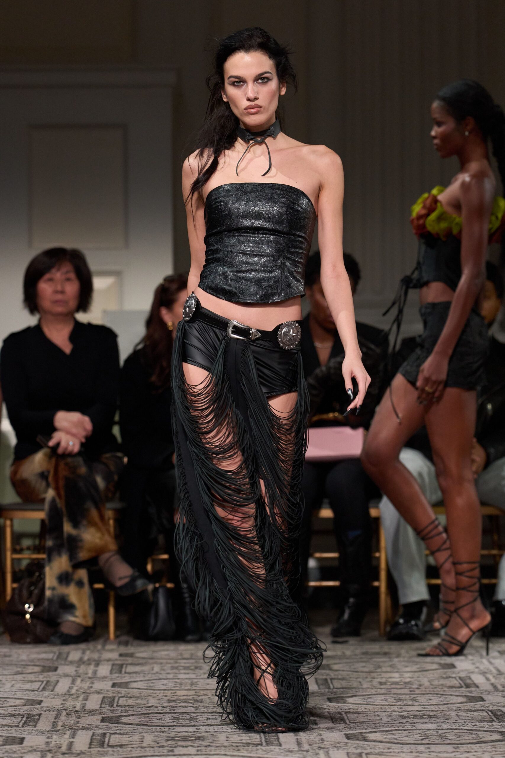 black leather sleeveless strapless fitted fringed top