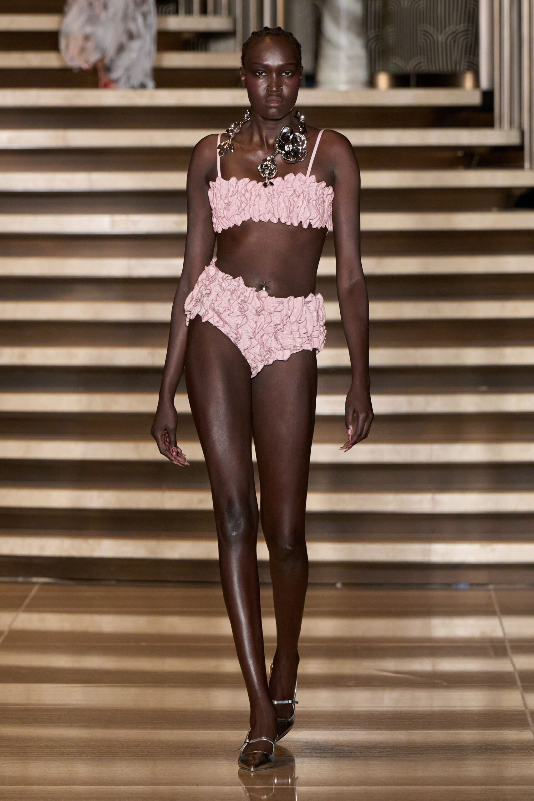 pink cotton sleeveless fitted ruffled bikini