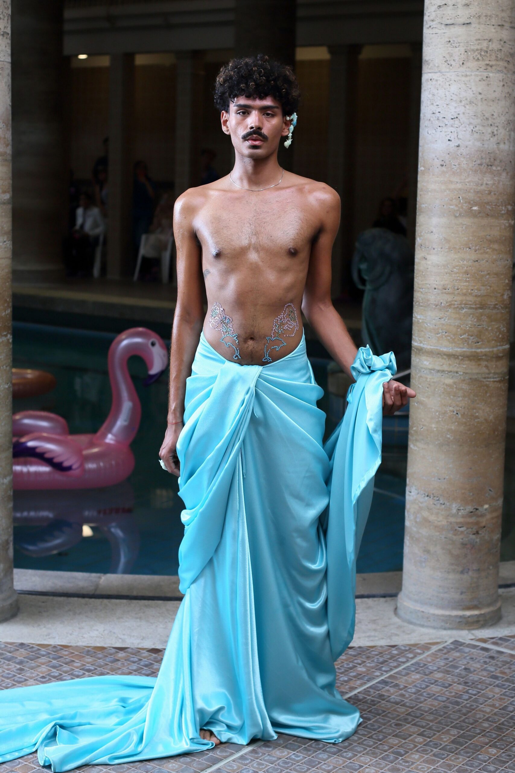 blue satin sleeveless gown