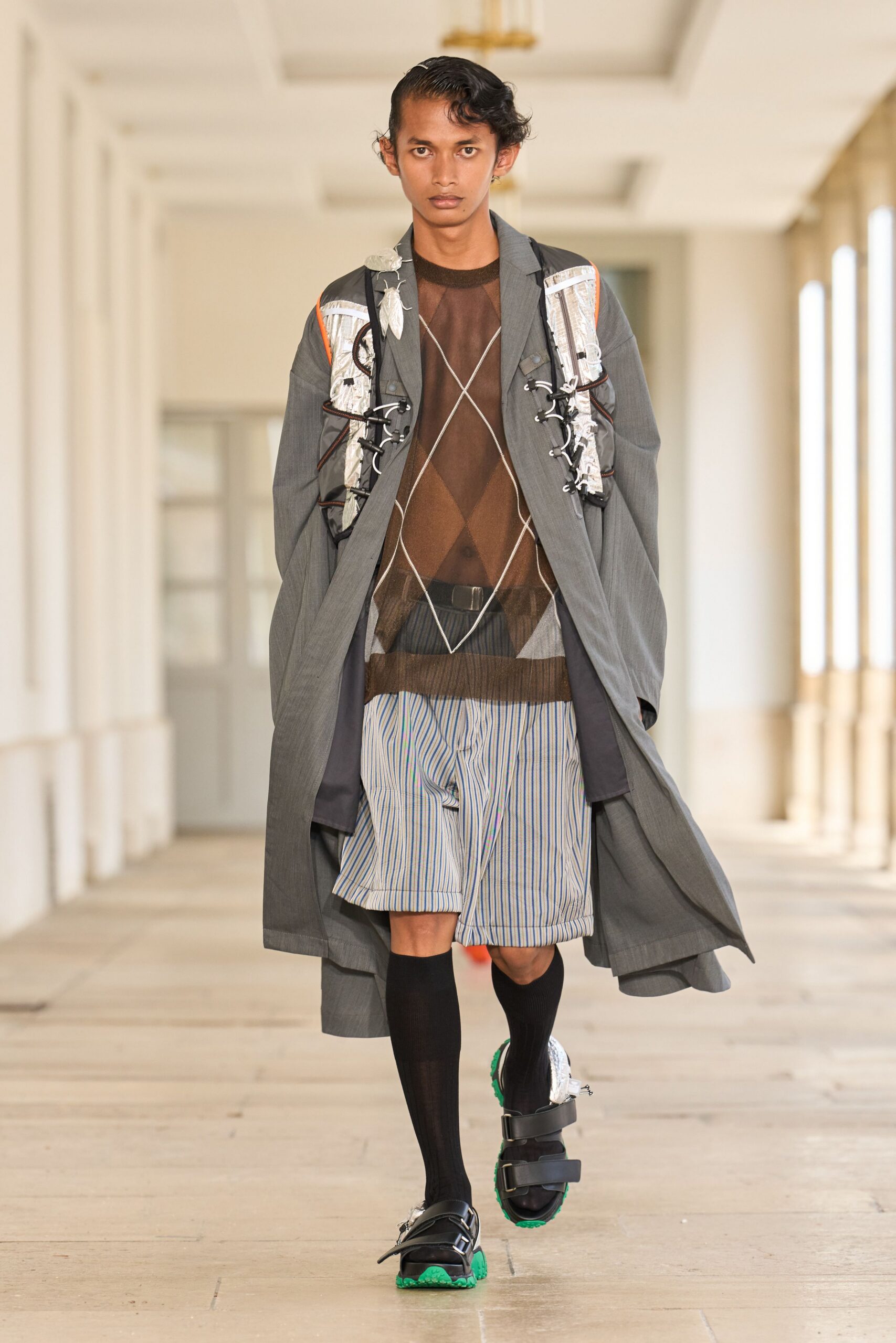 brown mesh long-sleeve v-neck fitted sheer top