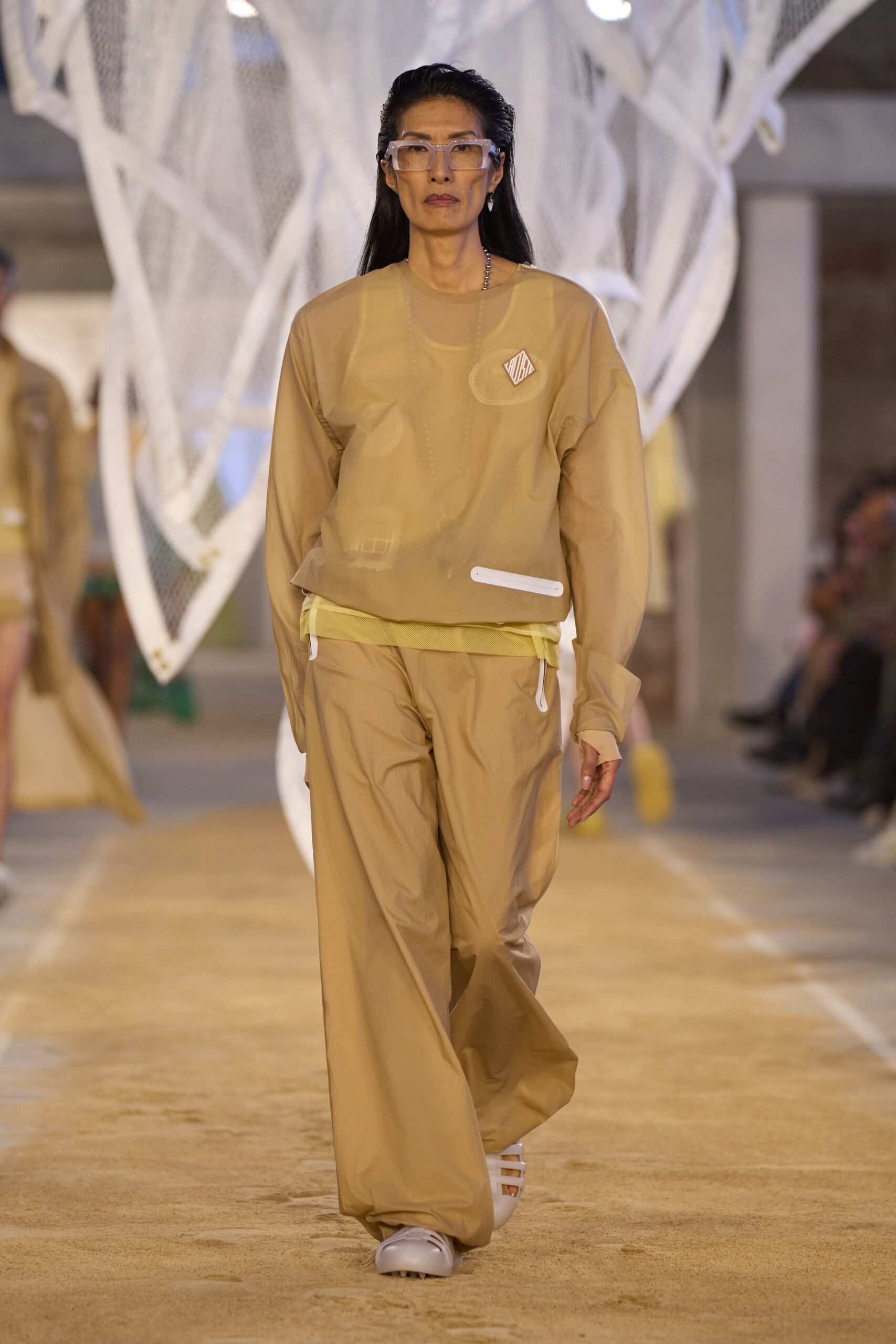 beige mesh long-sleeve collared relaxed zippered sheer top