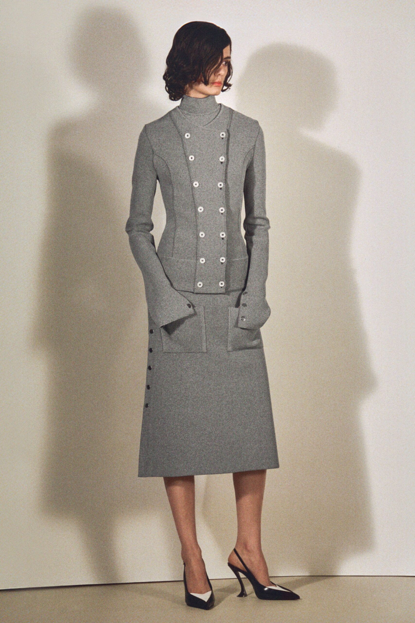 gray wool long-sleeve collared fitted buttoned pencil dress