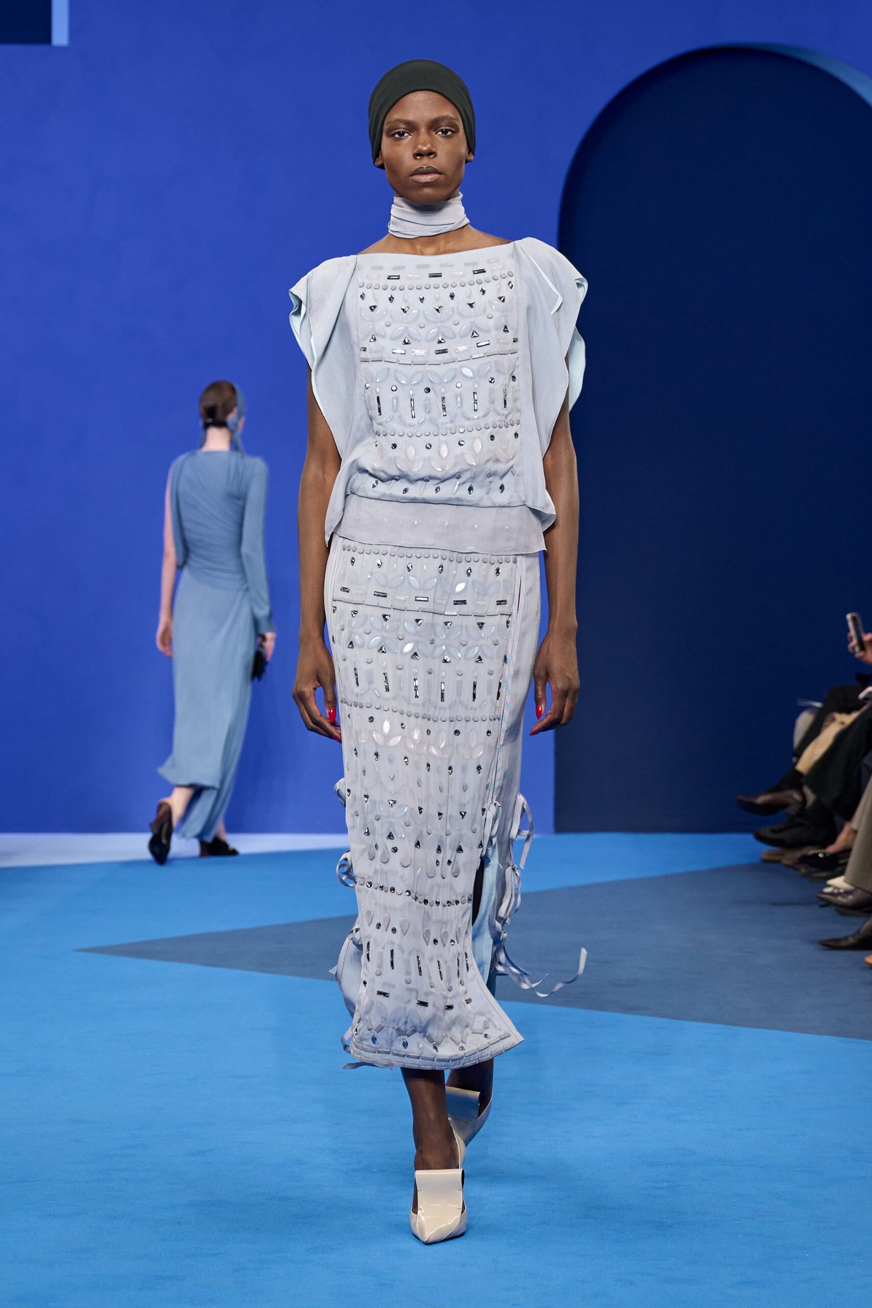 blue cotton sleeveless high-neck fitted embroidered layered dress