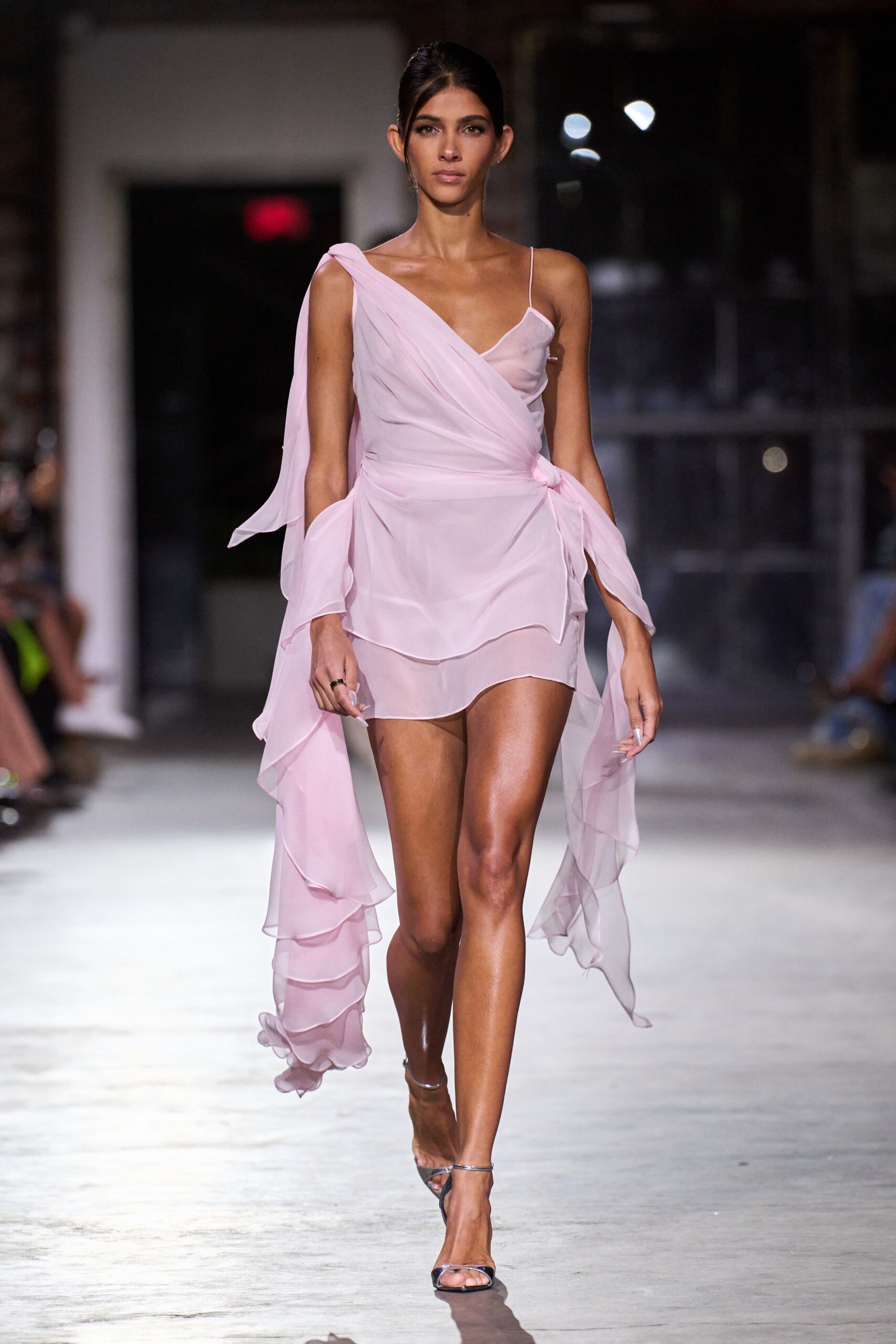 pink chiffon sleeveless v-neck fitted draped tiered dress