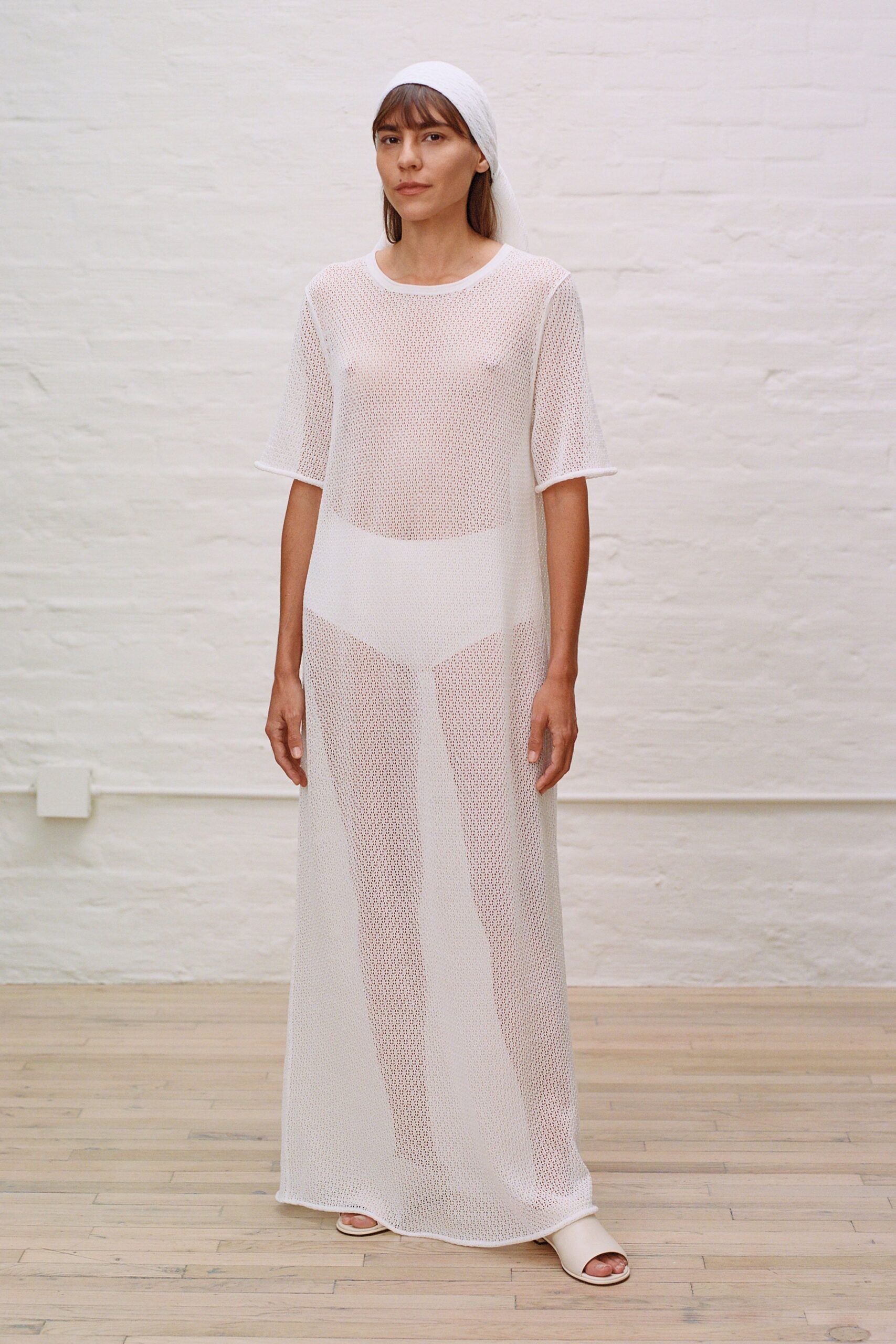 white mesh short-sleeve v-neck relaxed sheer flowing dress