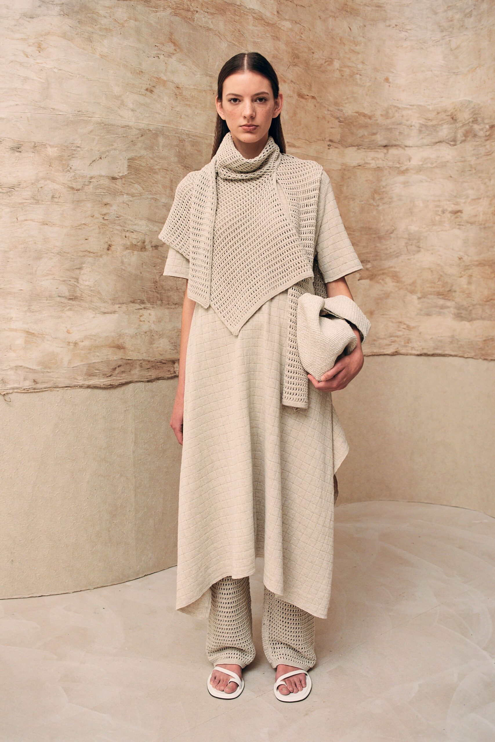 beige cotton short-sleeve high-neck relaxed layered midi dress