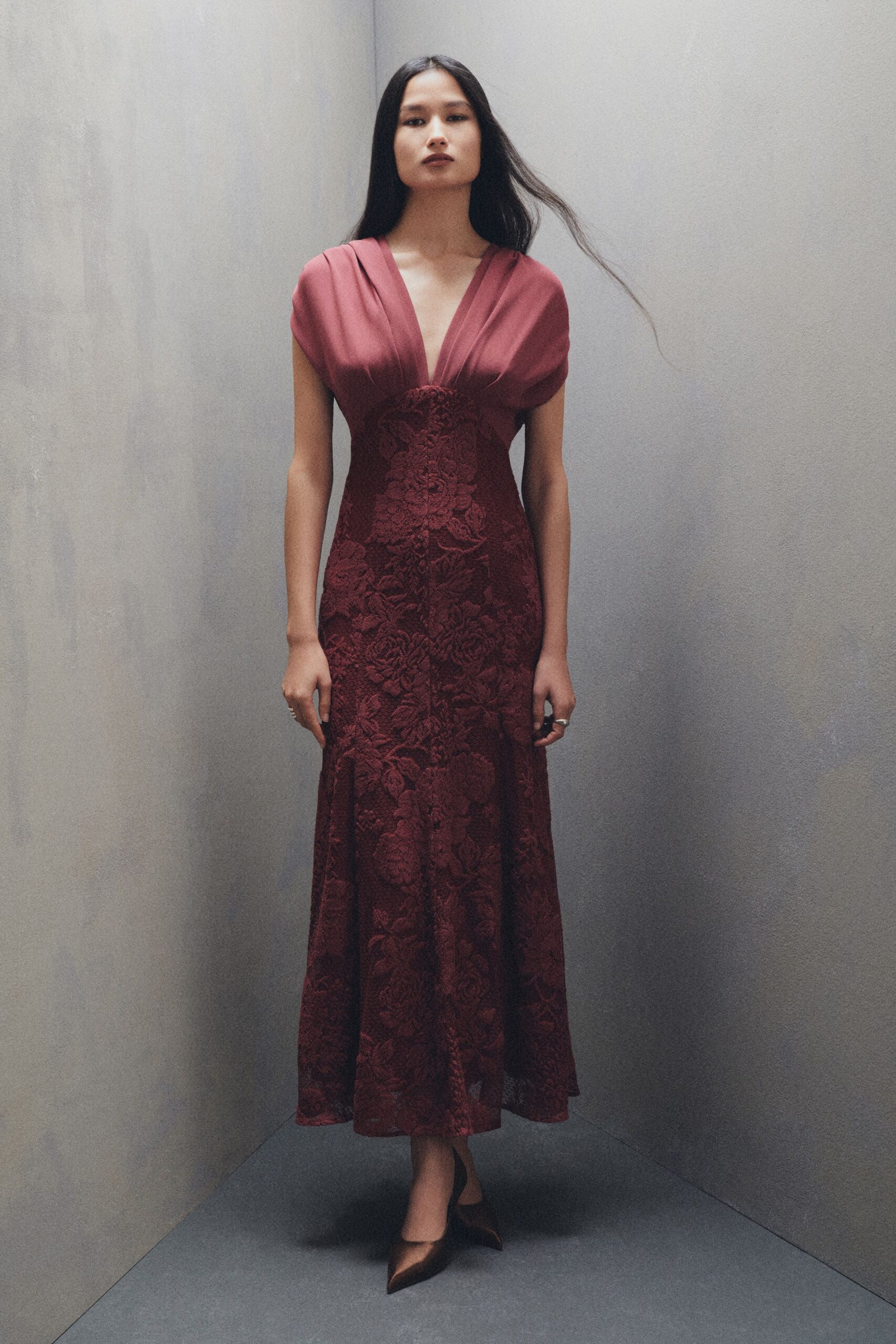 red silk embroidered gown